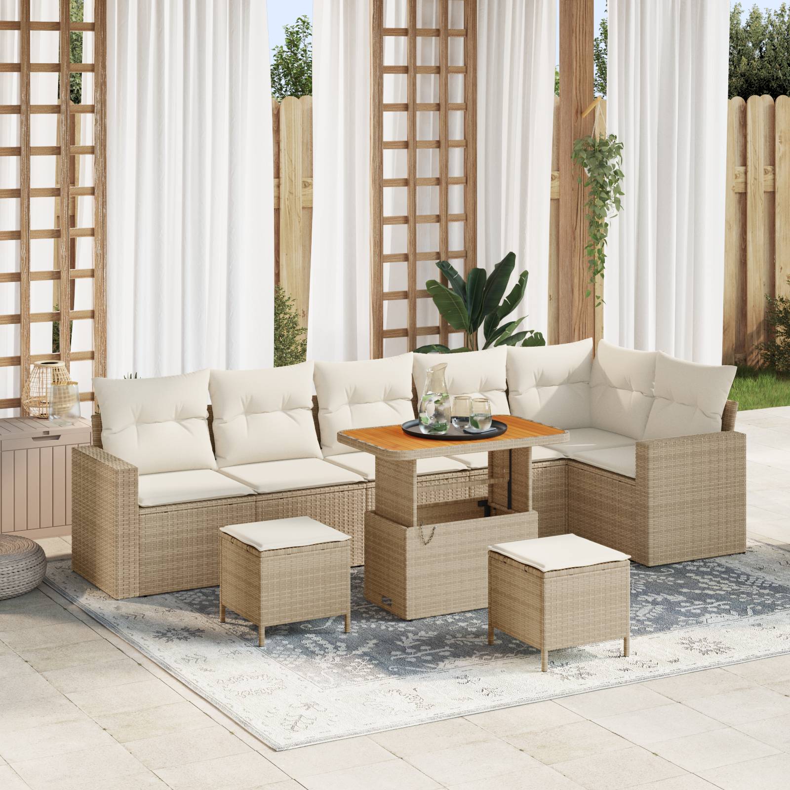 vidaXL 9-teiliges Garten Sofa Set mit Kissen Beige Poly Rattan Akazie