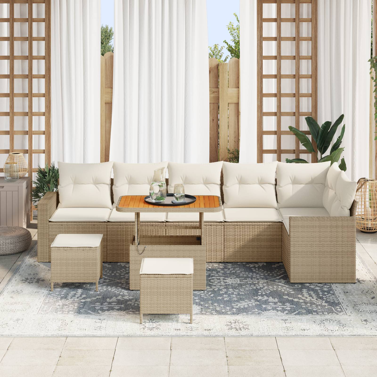 vidaXL 9-teiliges Garten Sofa Set mit Kissen Beige Poly Rattan Akazie