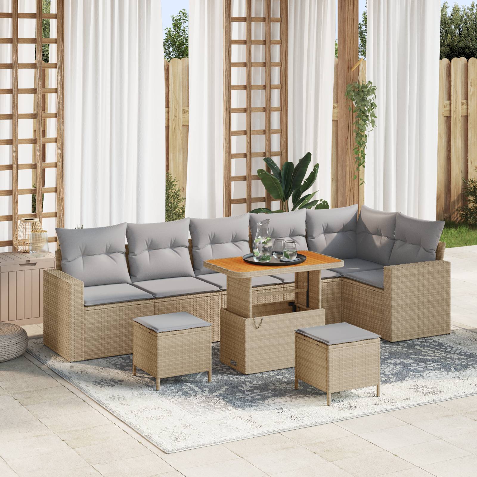 vidaXL 9-teilige Garten-Sofa-Set mit Kissen Beige Poly-Rattan Akazie