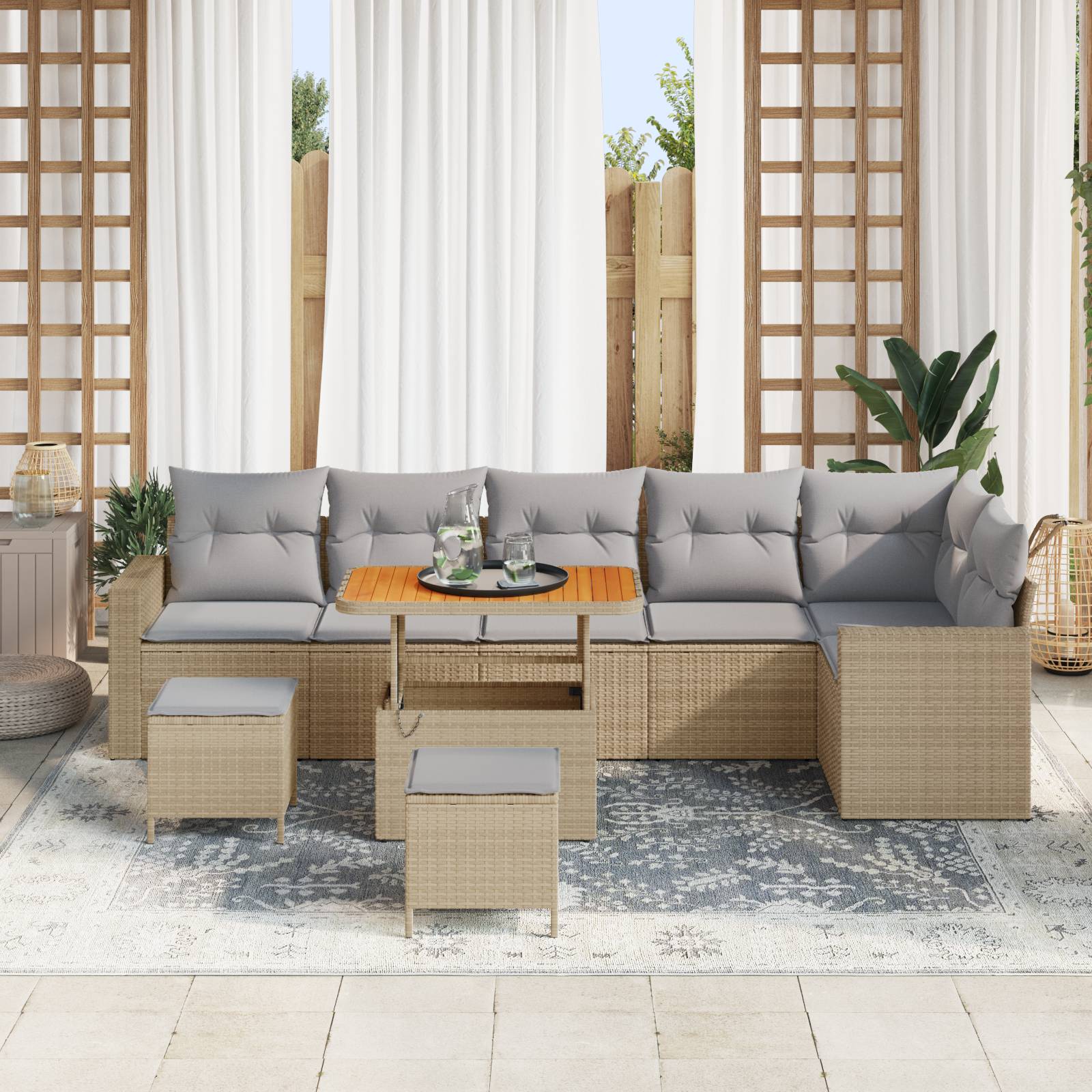 vidaXL 9-teilige Garten-Sofa-Set mit Kissen Beige Poly-Rattan Akazie