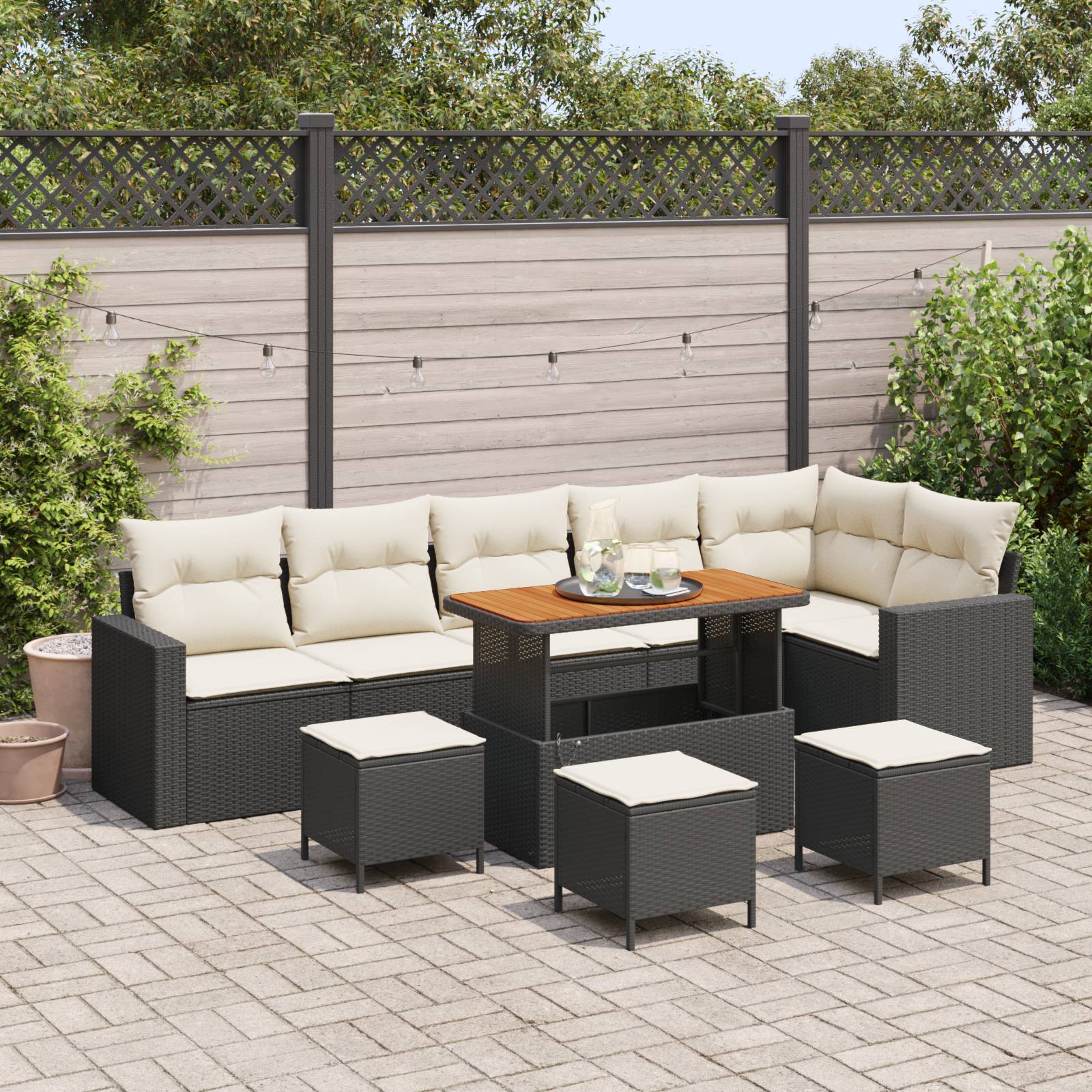 vidaXL 10-teiliges Garten-Sofa-Set mit Kissen Schwarz Poly-Rattan Akazie