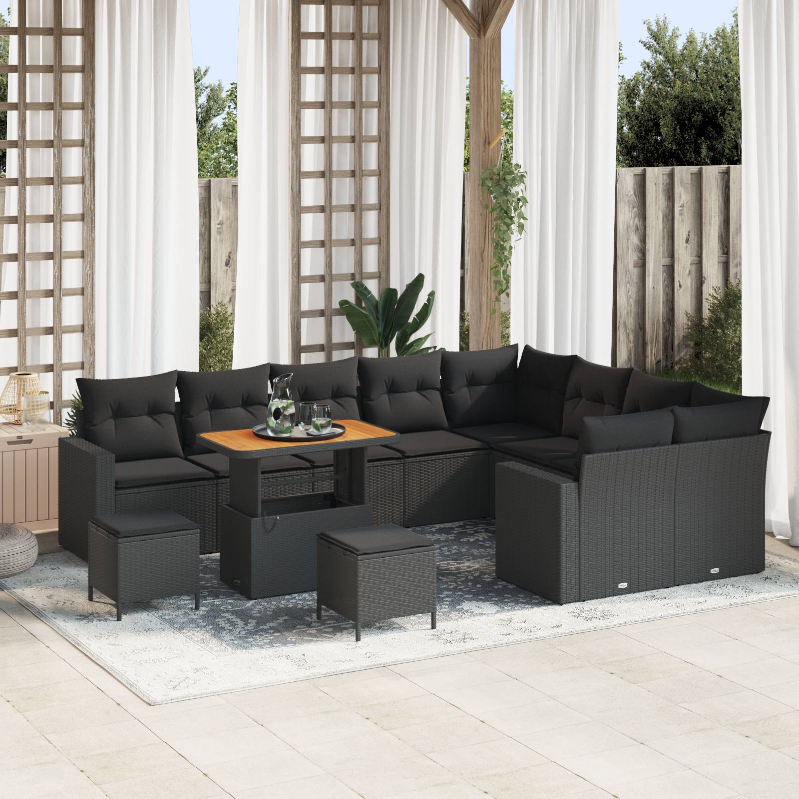 vidaXL 12-teiliges Garten Sofa Set mit Kissen Schwarzes Poly-Rattan Akazie