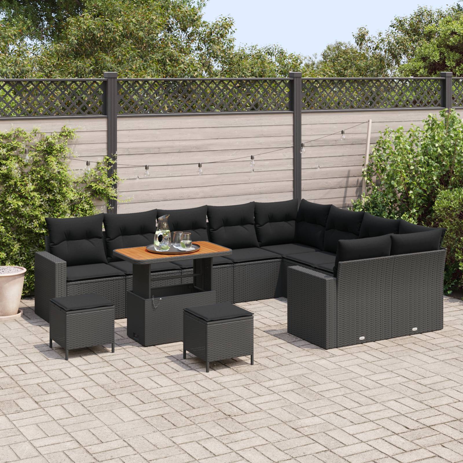 vidaXL 12-teiliges Garten Sofa Set mit Kissen Schwarzes Poly-Rattan Akazie