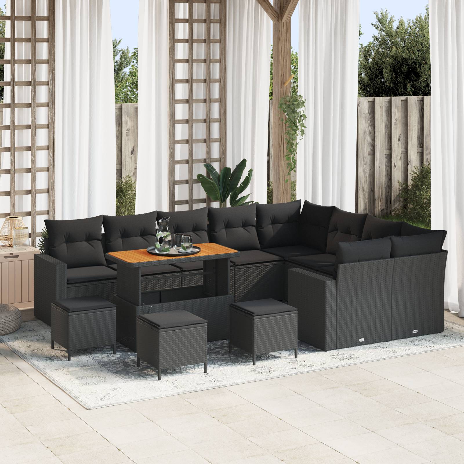 vidaXL 13-teilige Garten-Sofa-Set mit Kissen Schwarz Poly-Rattan Akazie