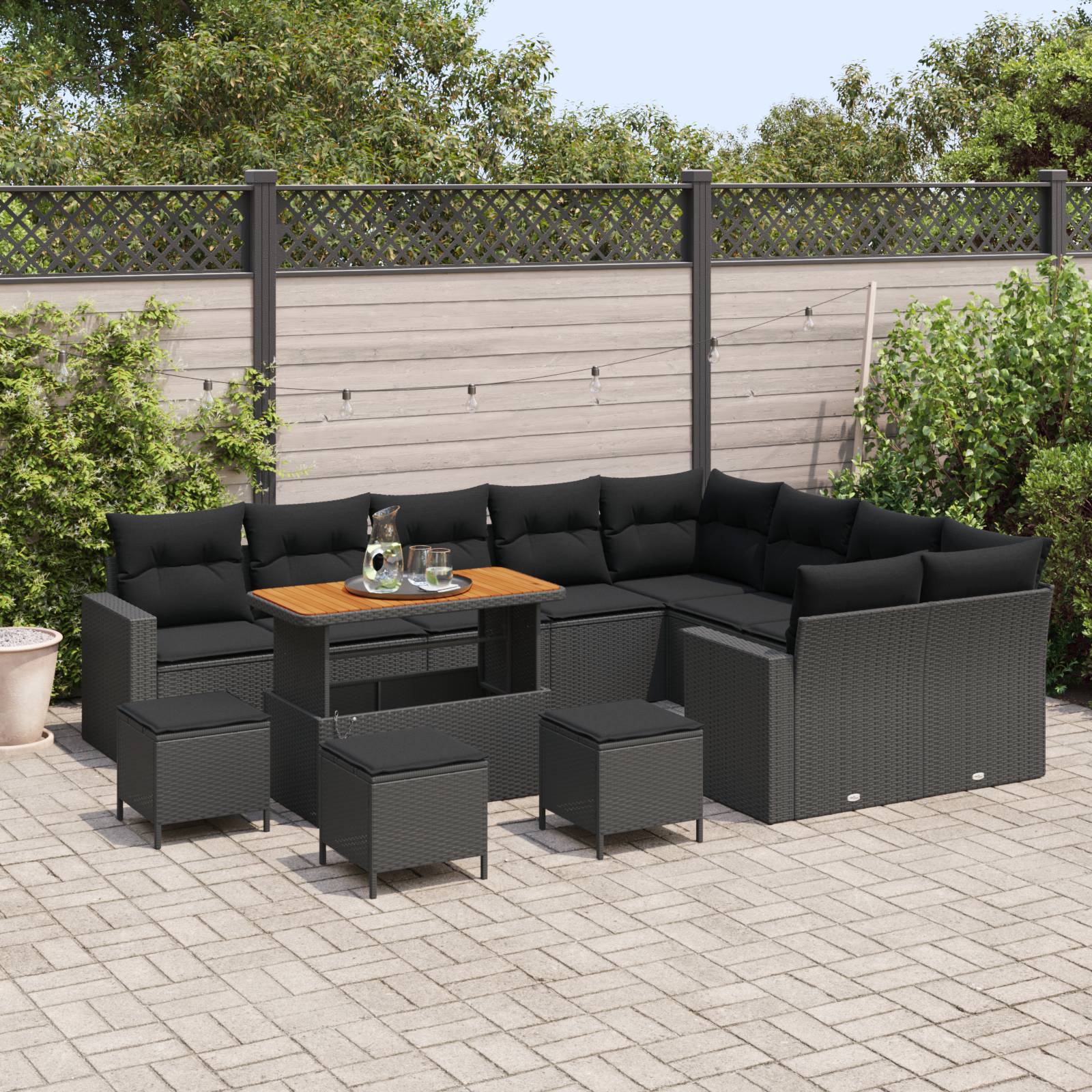vidaXL 13-teilige Garten-Sofa-Set mit Kissen Schwarz Poly-Rattan Akazie
