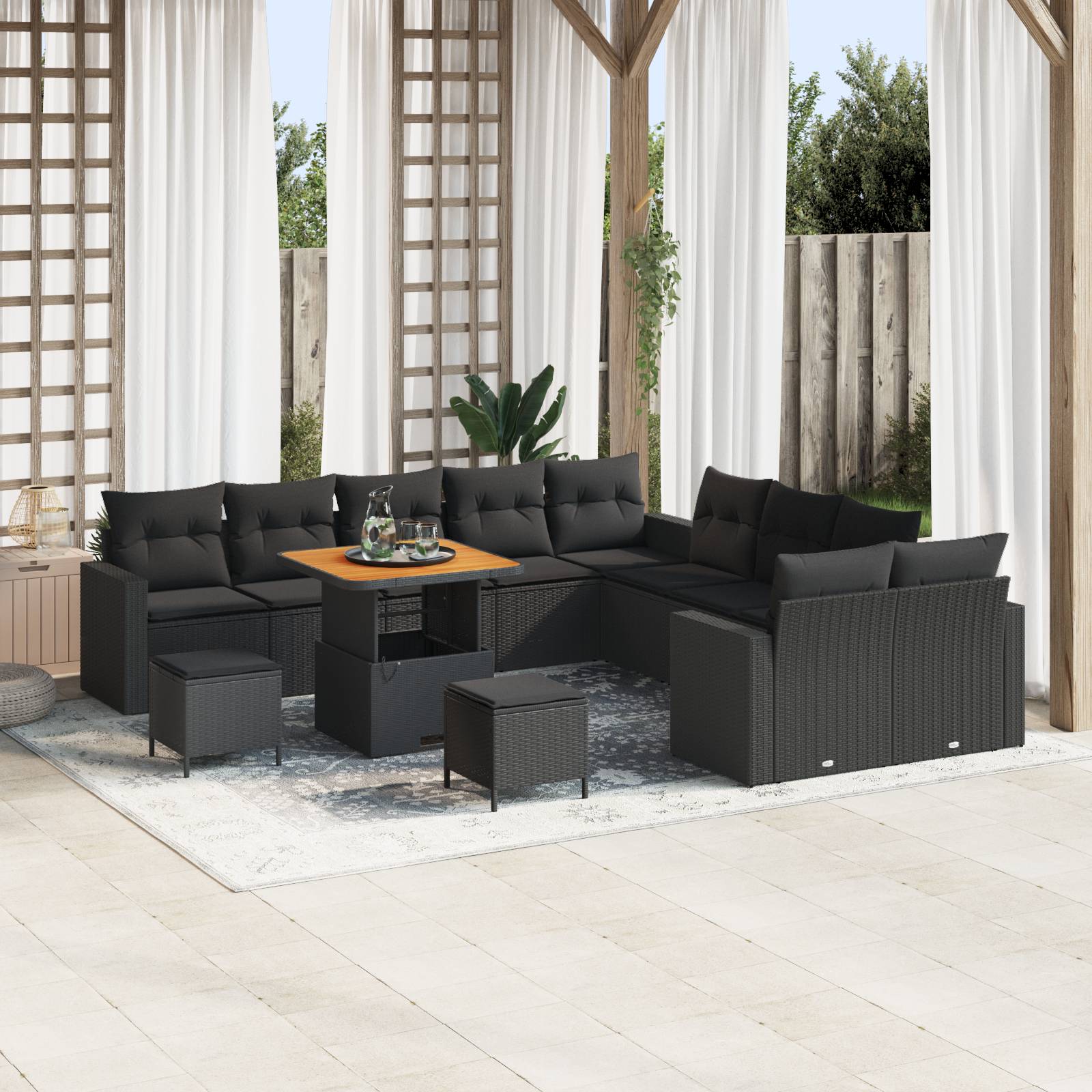 vidaXL 13-teiliges Garten-Sofa-Set mit Kissen Schwarz Poly Rattan Akazie