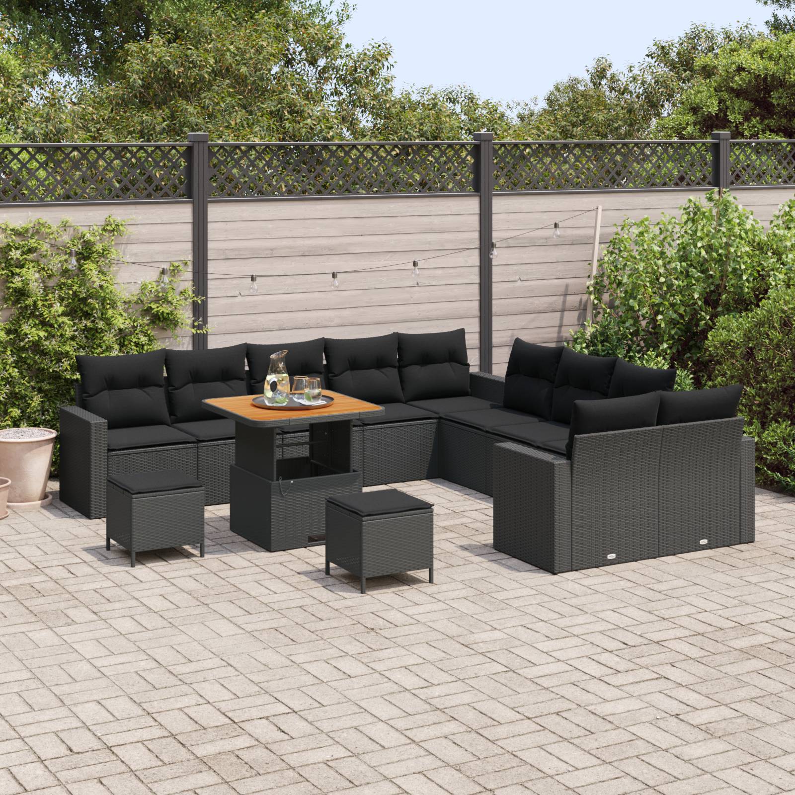 vidaXL 13-teiliges Garten-Sofa-Set mit Kissen Schwarz Poly Rattan Akazie