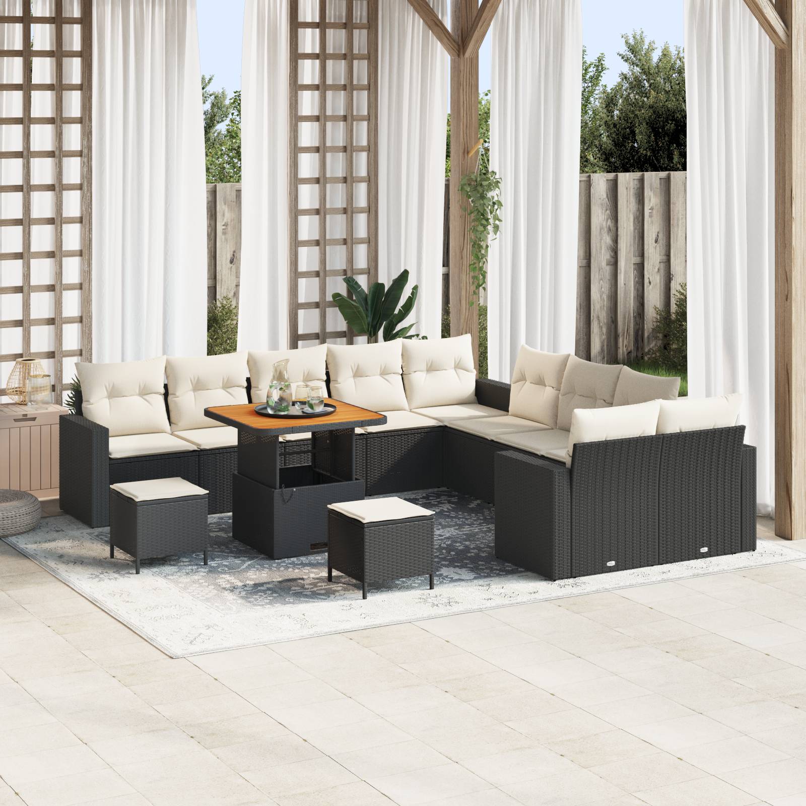 vidaXL 13-teiliges Garten Sofa Set mit Kissen Schwarz Poly Rattan Akazie