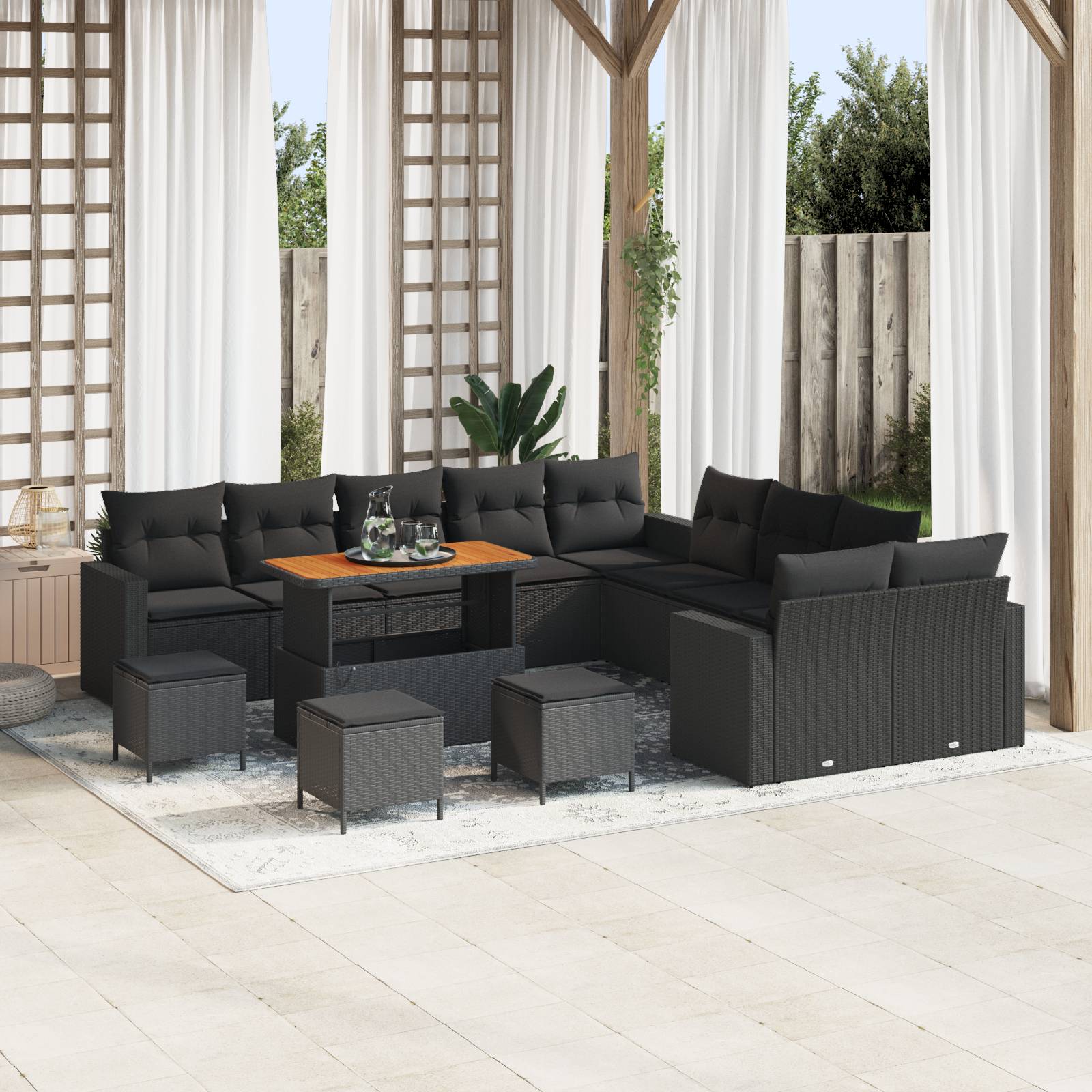 vidaXL 14-teiliges Garten-Sofa-Set mit Kissen Schwarz Poly Rattan Akazie