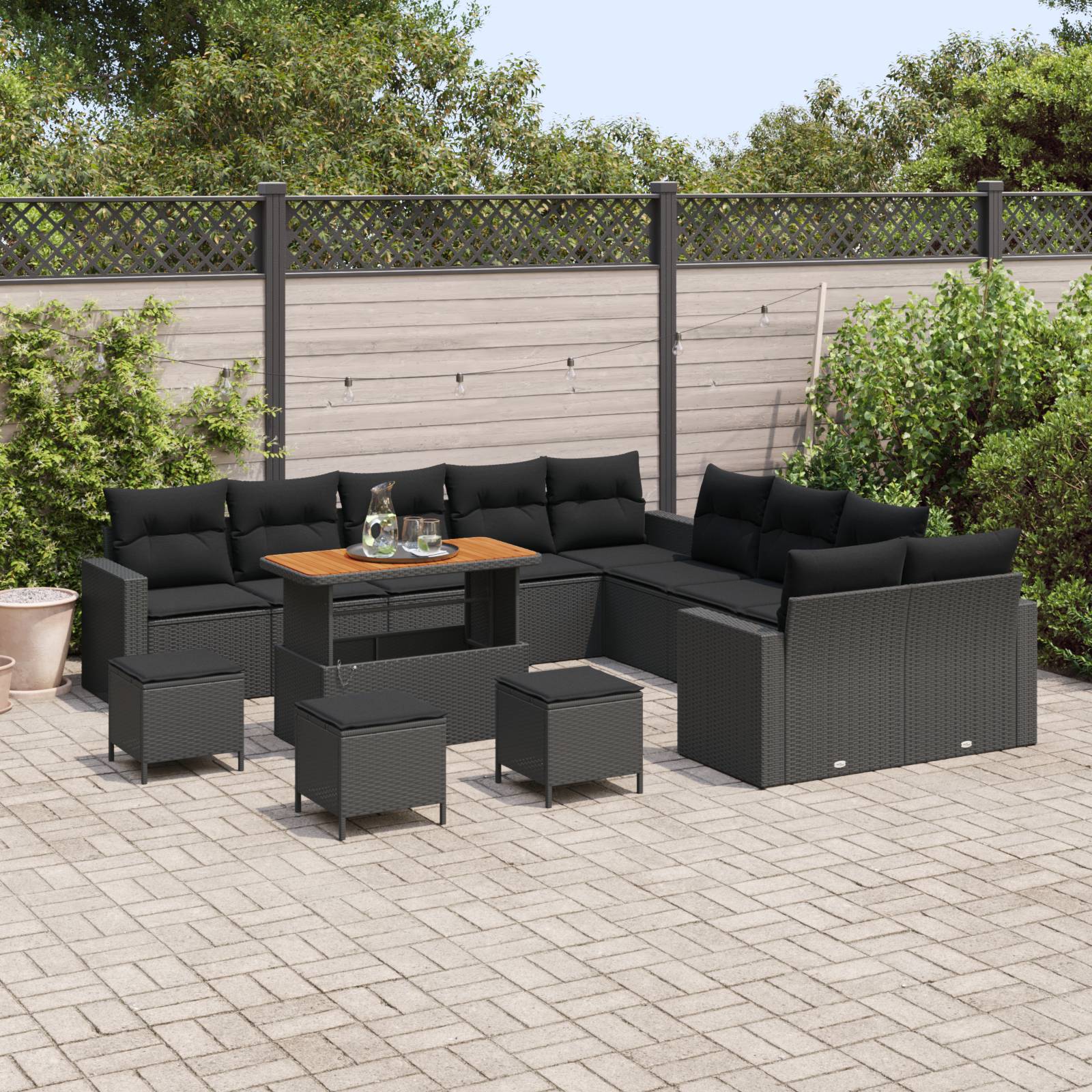 vidaXL 14-teiliges Garten-Sofa-Set mit Kissen Schwarz Poly Rattan Akazie