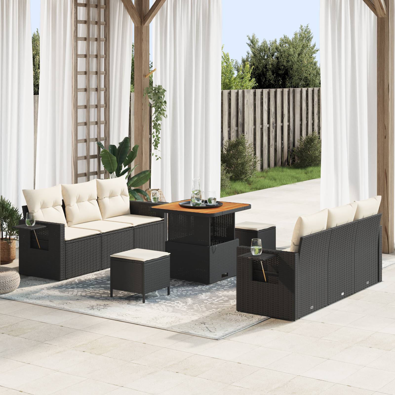 vidaXL 9-teiliges Garten Sofa Set mit Kissen, schwarzer Poly Rattan Akazie