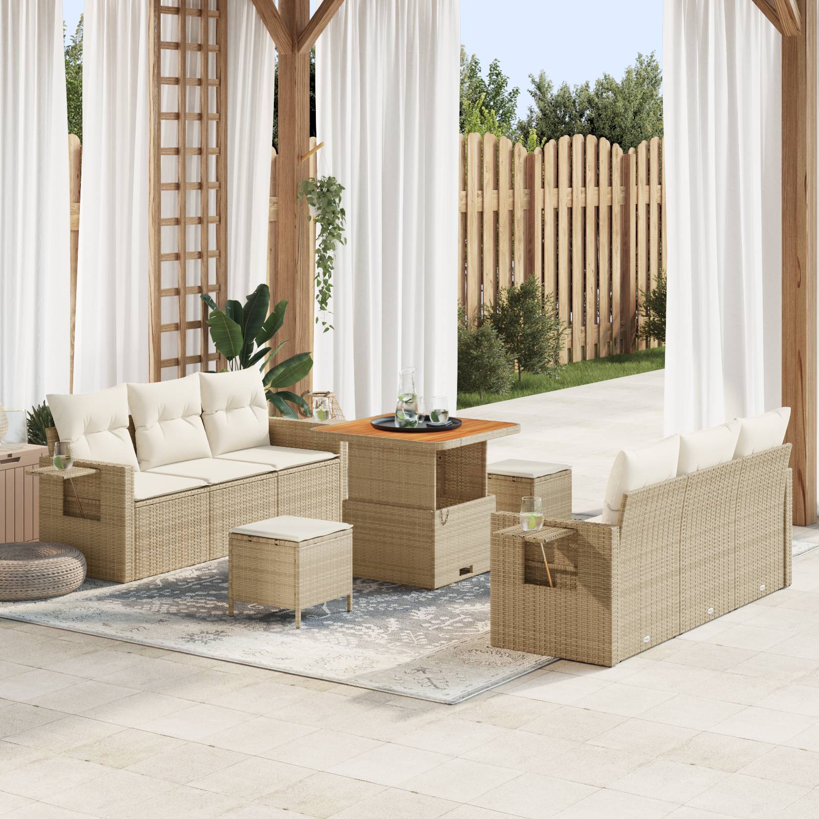 vidaXL 9-teiliges Garten Sofa Set mit Kissen Beige Poly Rattan Akazie