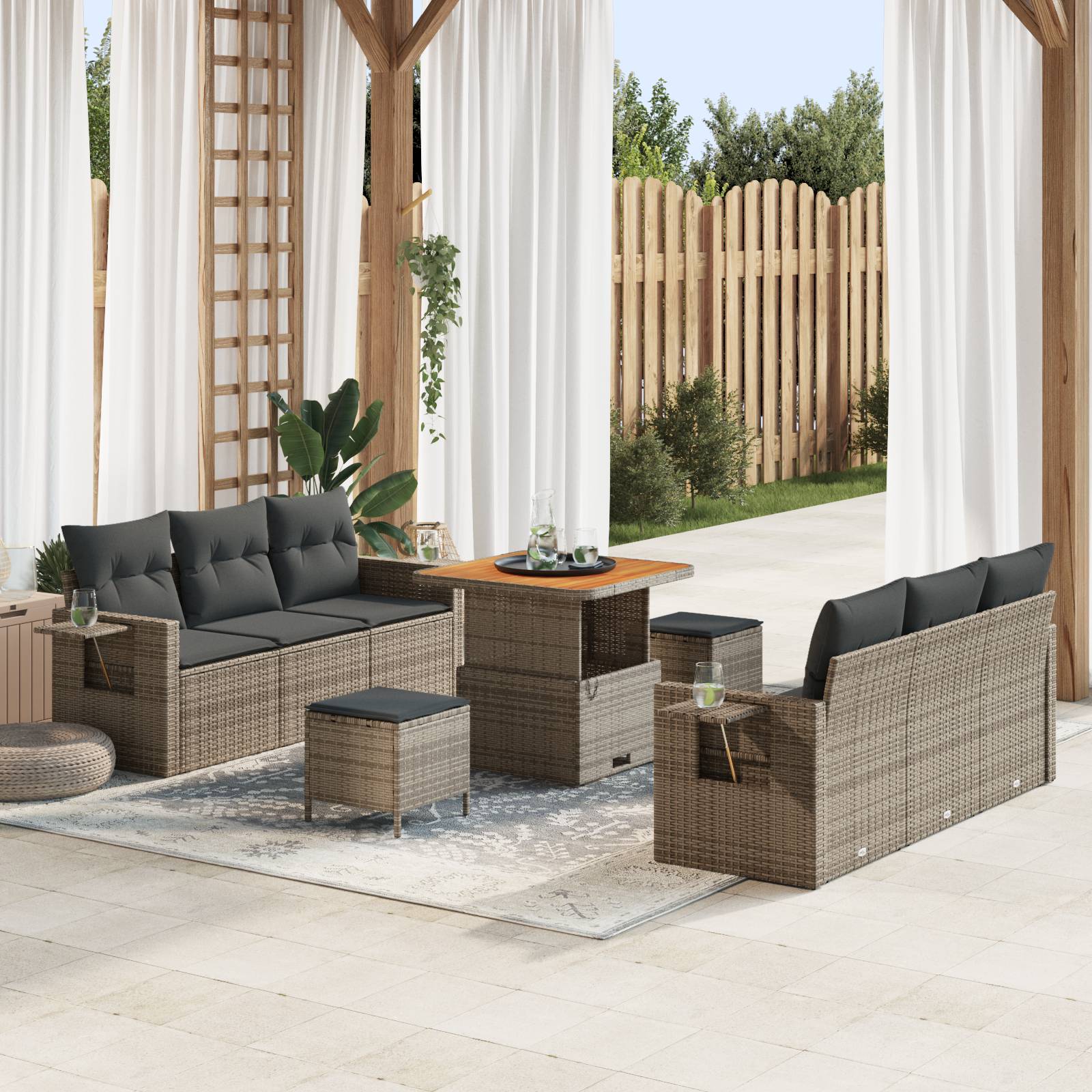 vidaXL 9-teiliges Garten Sofa Set mit Kissen Grau Poly Rattan Akazie