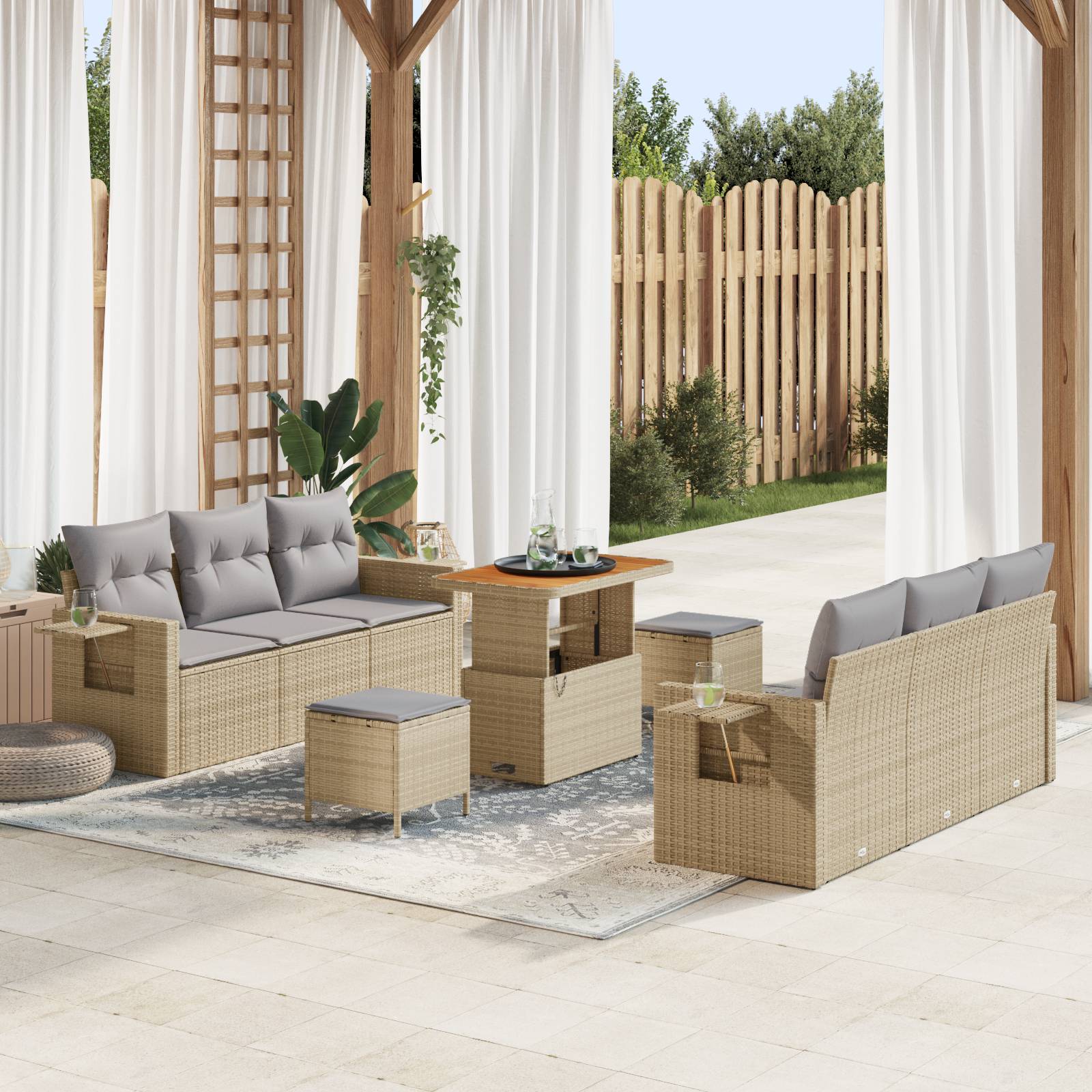 vidaXL 9-teiliges Garten-Sofa-Set mit Kissen Beige Poly Rattan Akazie