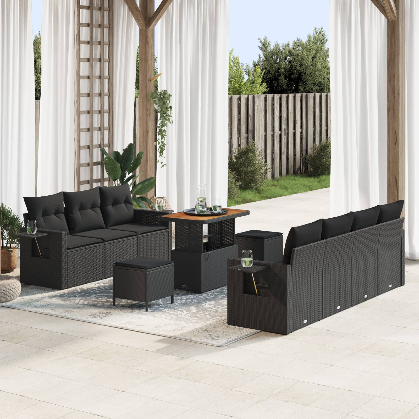 vidaXL 10-teiliges Garten-Sofa-Set mit Kissen, schwarzes Poly-Rattan, Akazie
