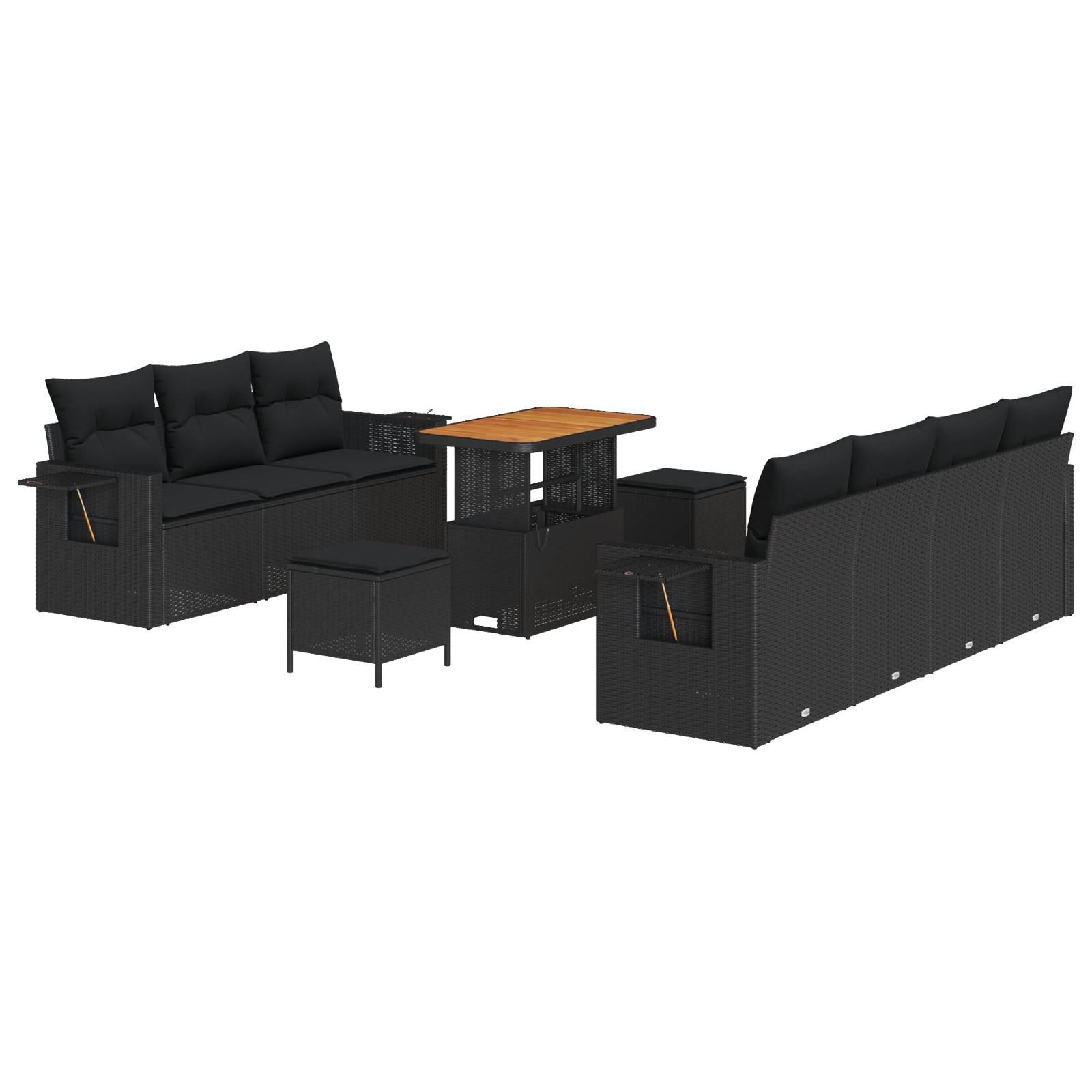 vidaXL 10-teiliges Garten-Sofa-Set mit Kissen, schwarzes Poly-Rattan, Akazie