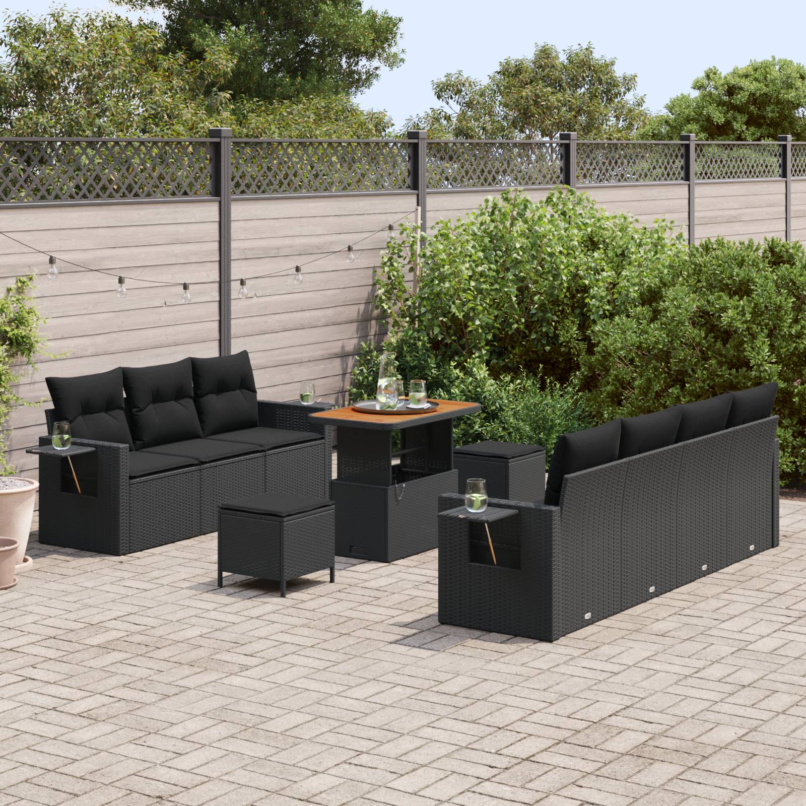 vidaXL 10-teiliges Garten-Sofa-Set mit Kissen, schwarzes Poly-Rattan, Akazie