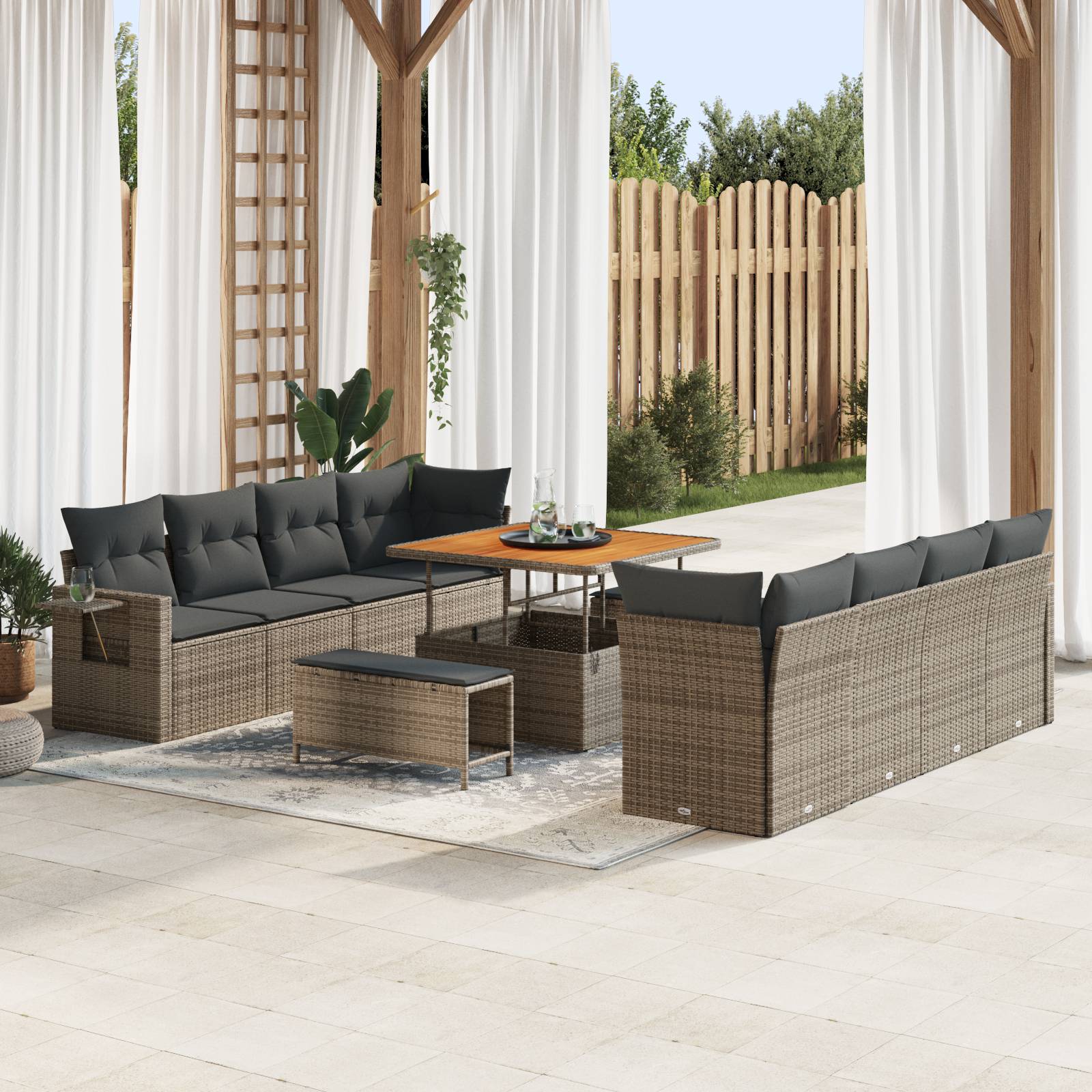 vidaXL 11-teiliges Garten-Sofa-Set mit Kissen Grau Poly Rattan Akazie