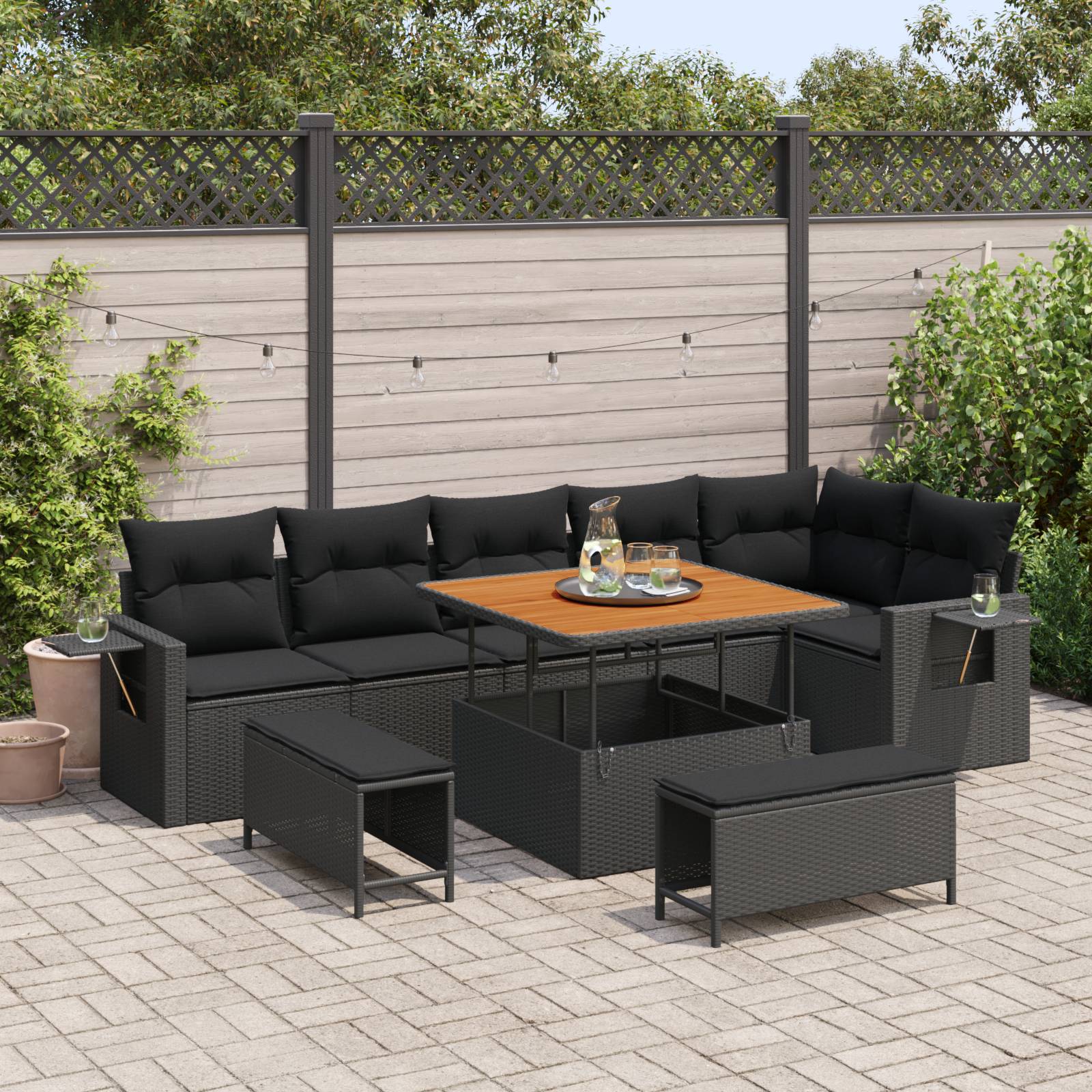 vidaXL 9-teiliges Garten Sofa Set mit Kissen Schwarz Poly Rattan Akazie