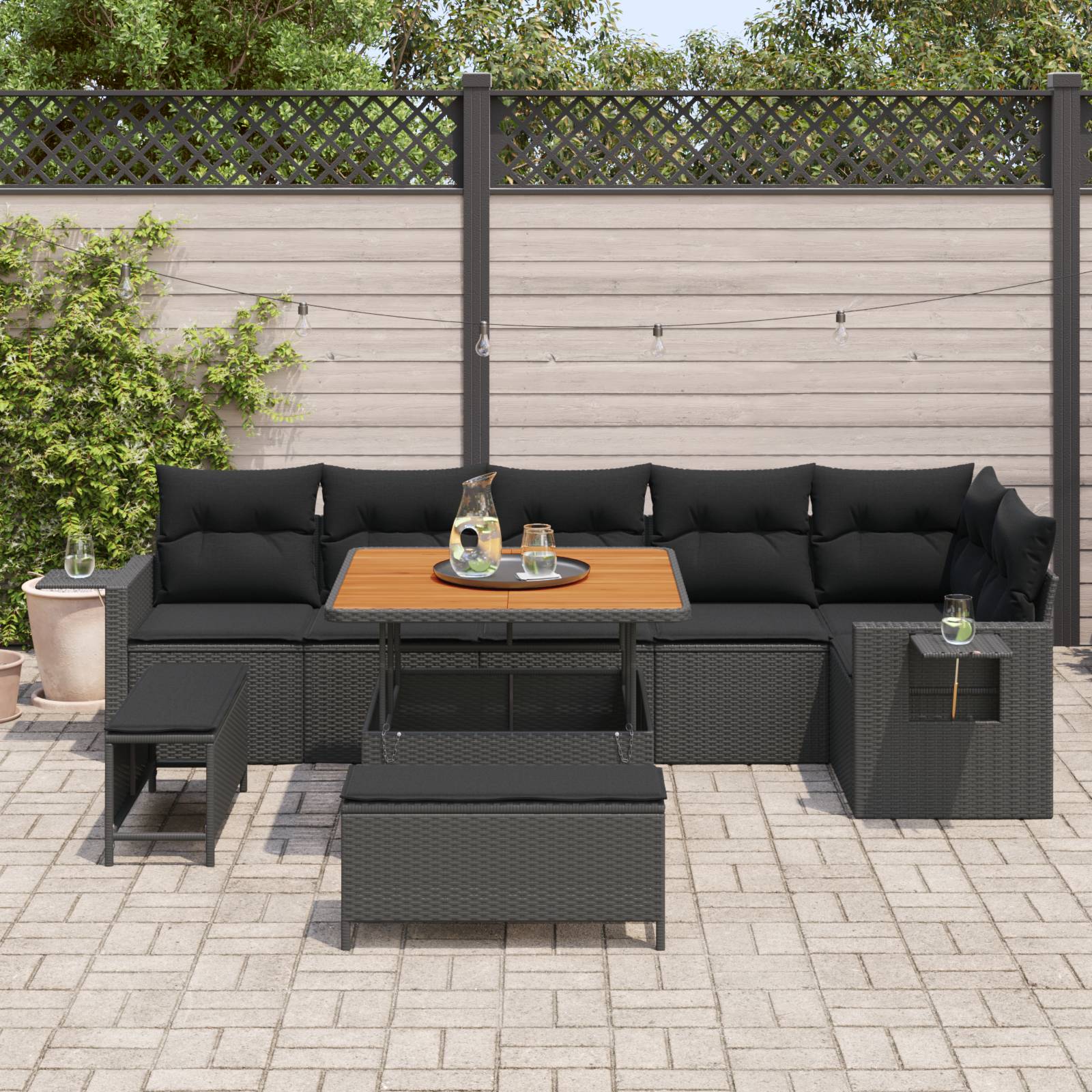 vidaXL 9-teiliges Garten Sofa Set mit Kissen Schwarz Poly Rattan Akazie