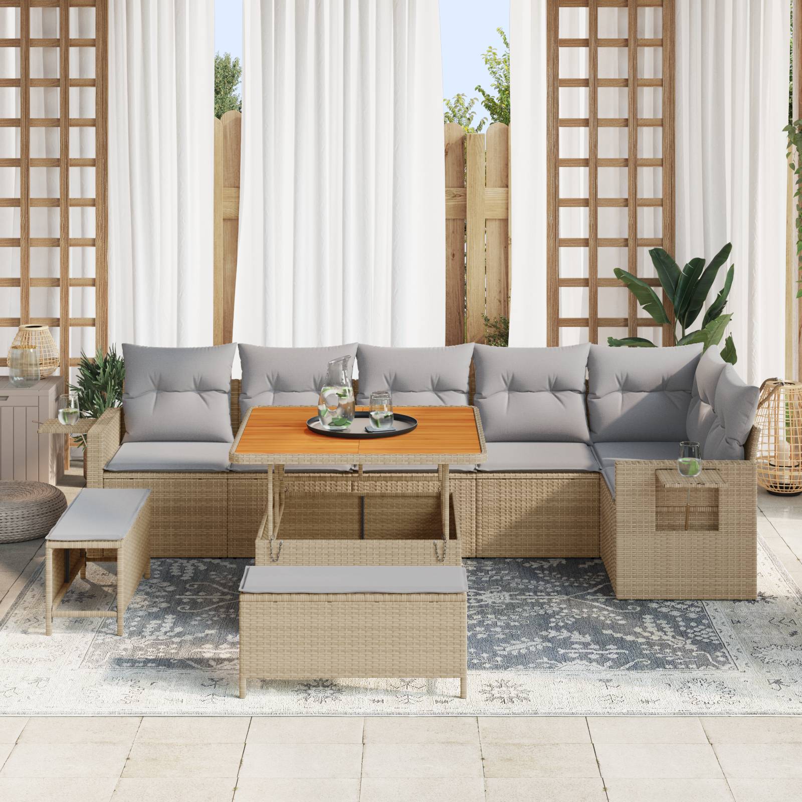 vidaXL 9-teiliges Garten-Sofa-Set mit Kissen Beige Poly Rattan Akazie