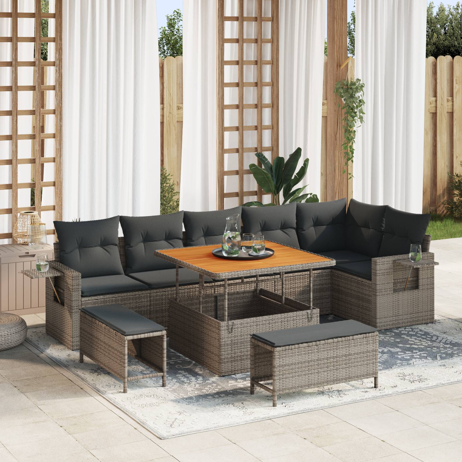 vidaXL 9-teiliges Garten Sofa Set mit Kissen Grau Poly Rattan Akazie
