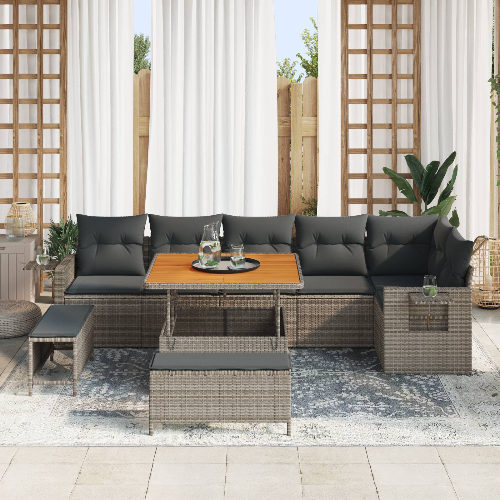 vidaXL 9-teiliges Garten Sofa Set mit Kissen Grau Poly Rattan Akazie