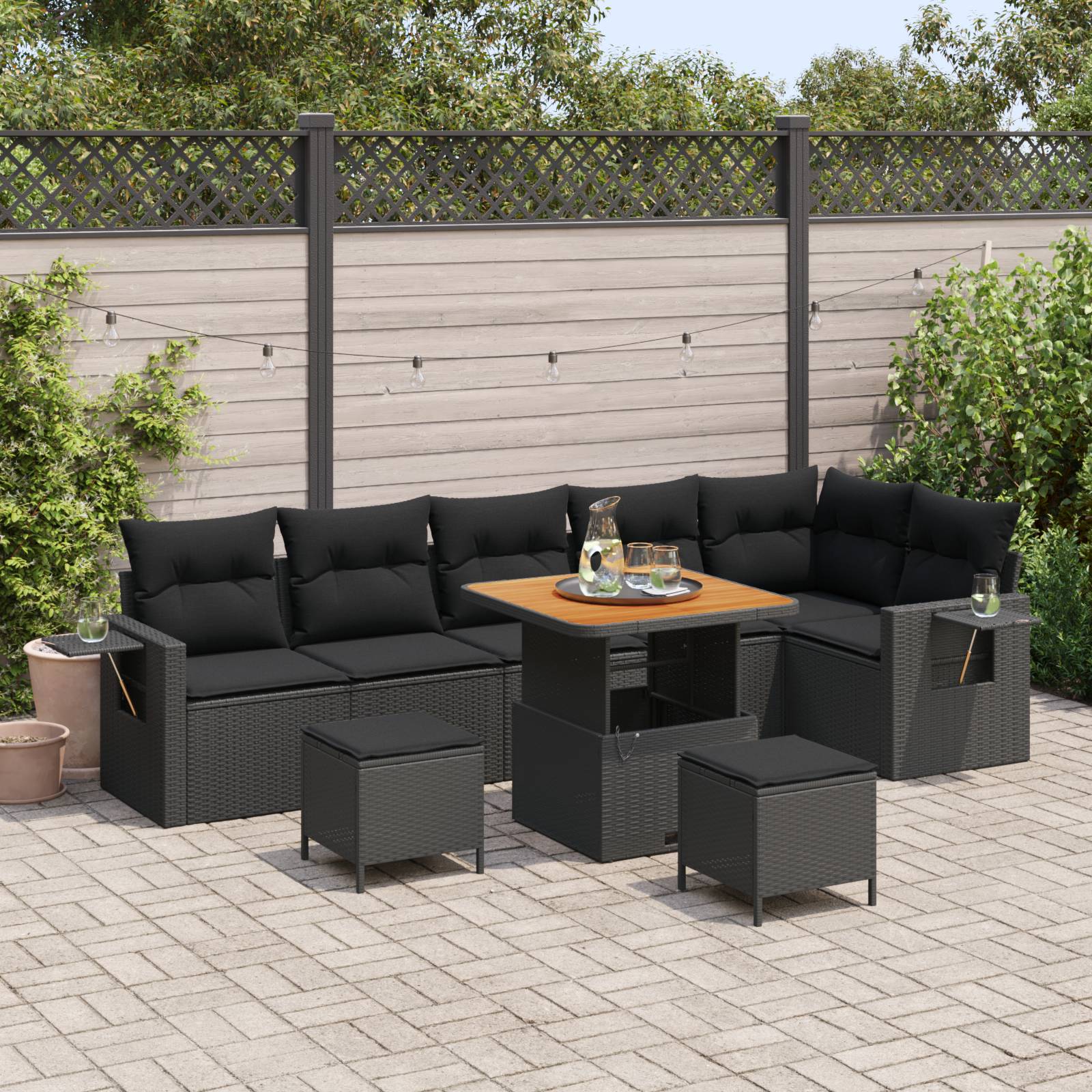 vidaXL 9-teiliges Garten Sofa Set mit Kissen Schwarz Poly Rattan Akazie