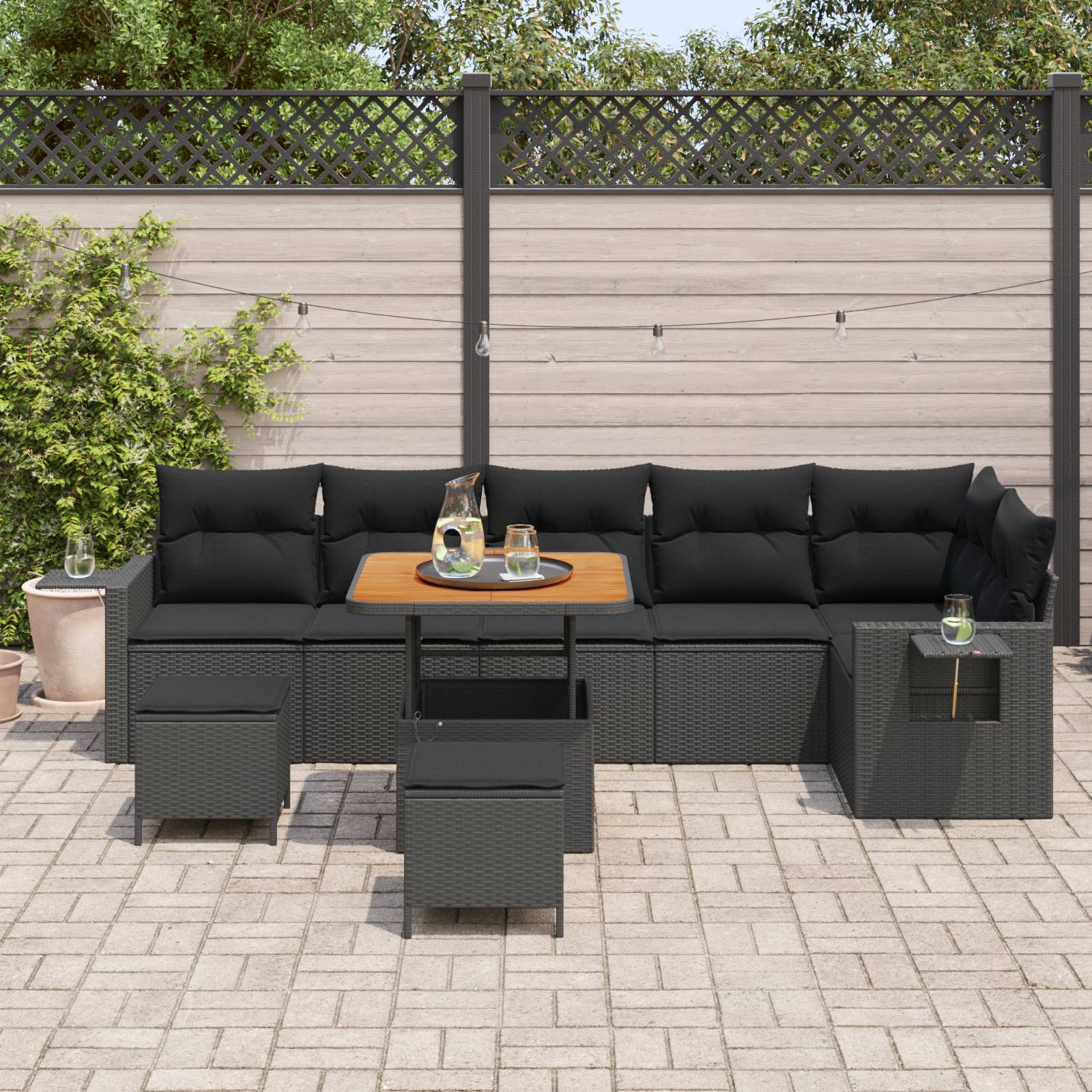 vidaXL 9-teiliges Garten Sofa Set mit Kissen Schwarz Poly Rattan Akazie