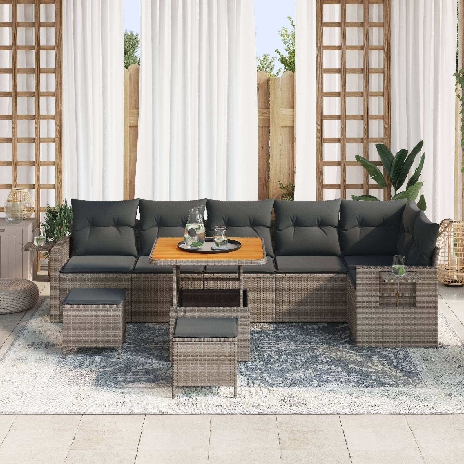 vidaXL 9-teiliges Garten-Sofa-Set mit Kissen Grau Poly-Rattan Akazie
