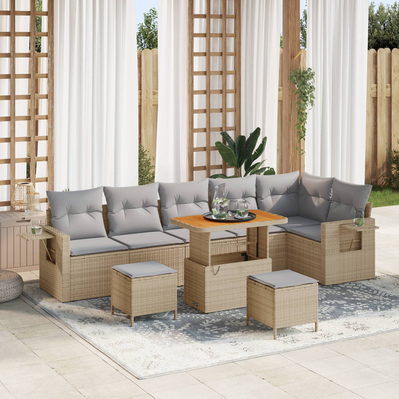 vidaXL 9-teiliges Garten-Sofa-Set mit Kissen Beige Poly Rattan Akazie