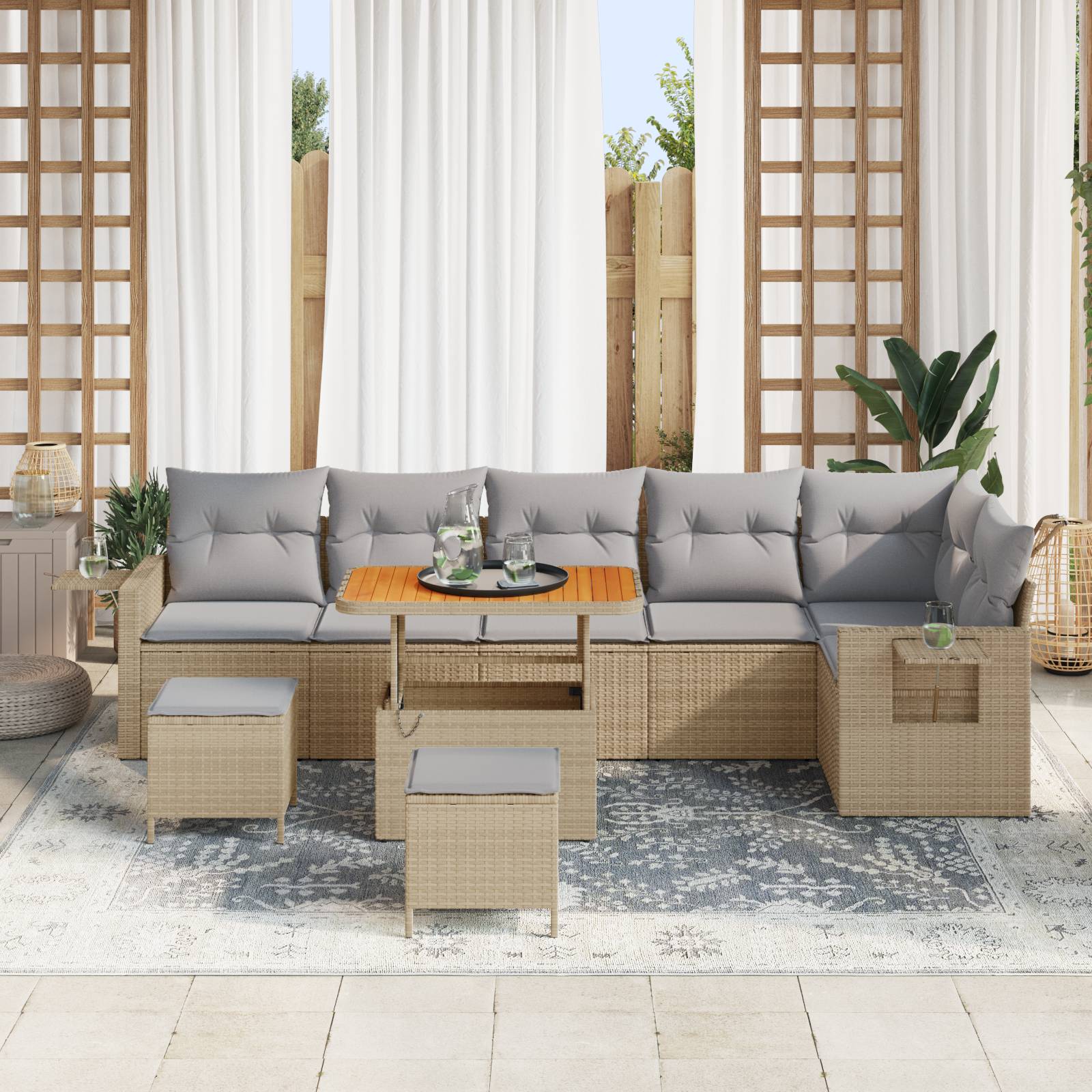 vidaXL 9-teiliges Garten-Sofa-Set mit Kissen Beige Poly Rattan Akazie