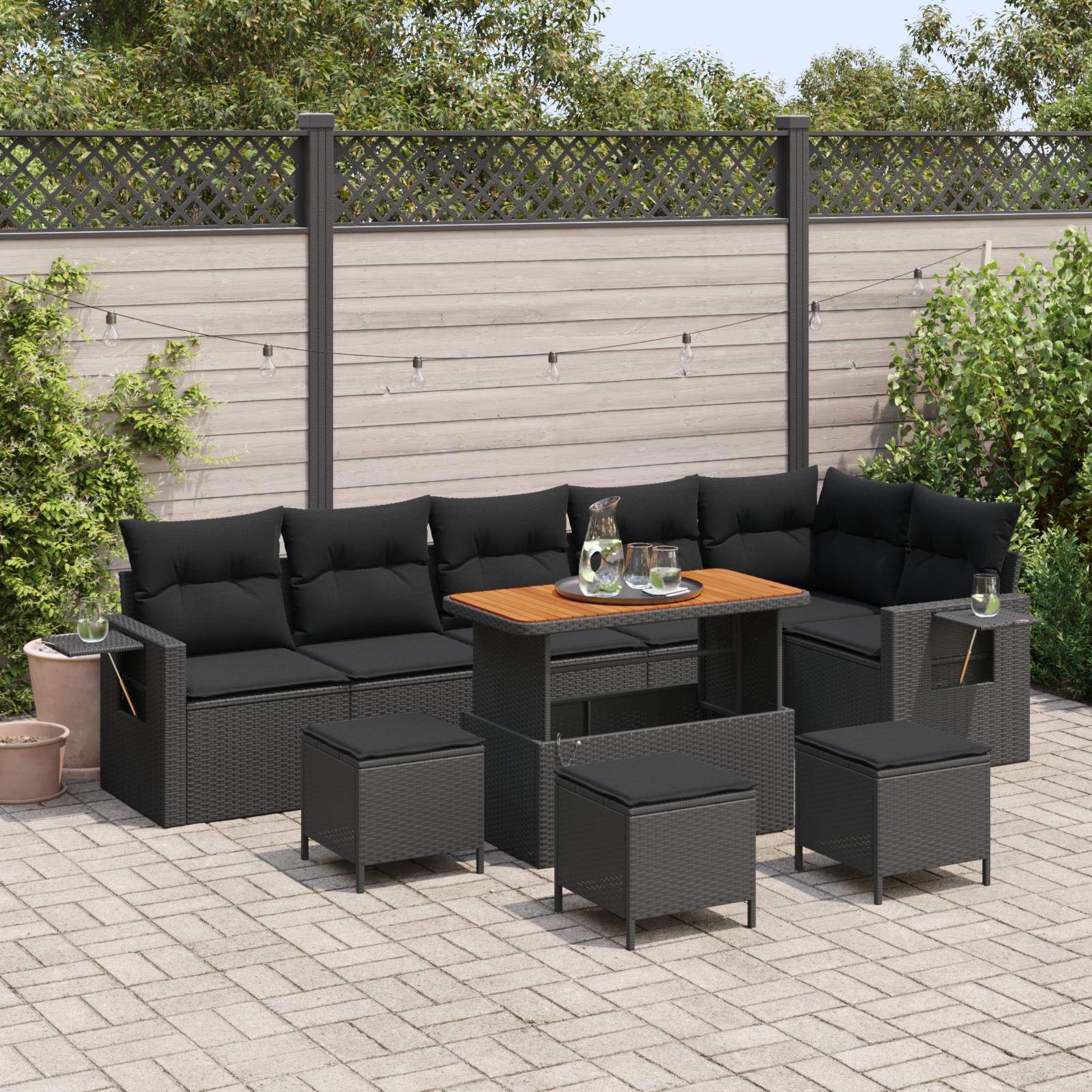 vidaXL 10-teiliges Garten Sofa Set mit Kissen Schwarz Poly Rattan Akazie