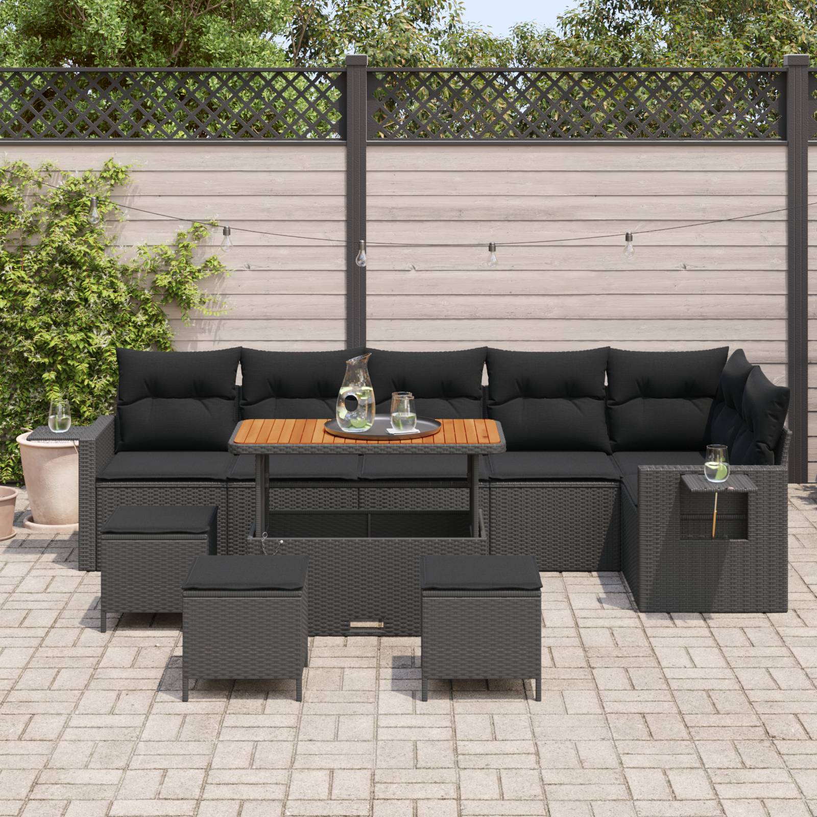 vidaXL 10-teiliges Garten Sofa Set mit Kissen Schwarz Poly Rattan Akazie
