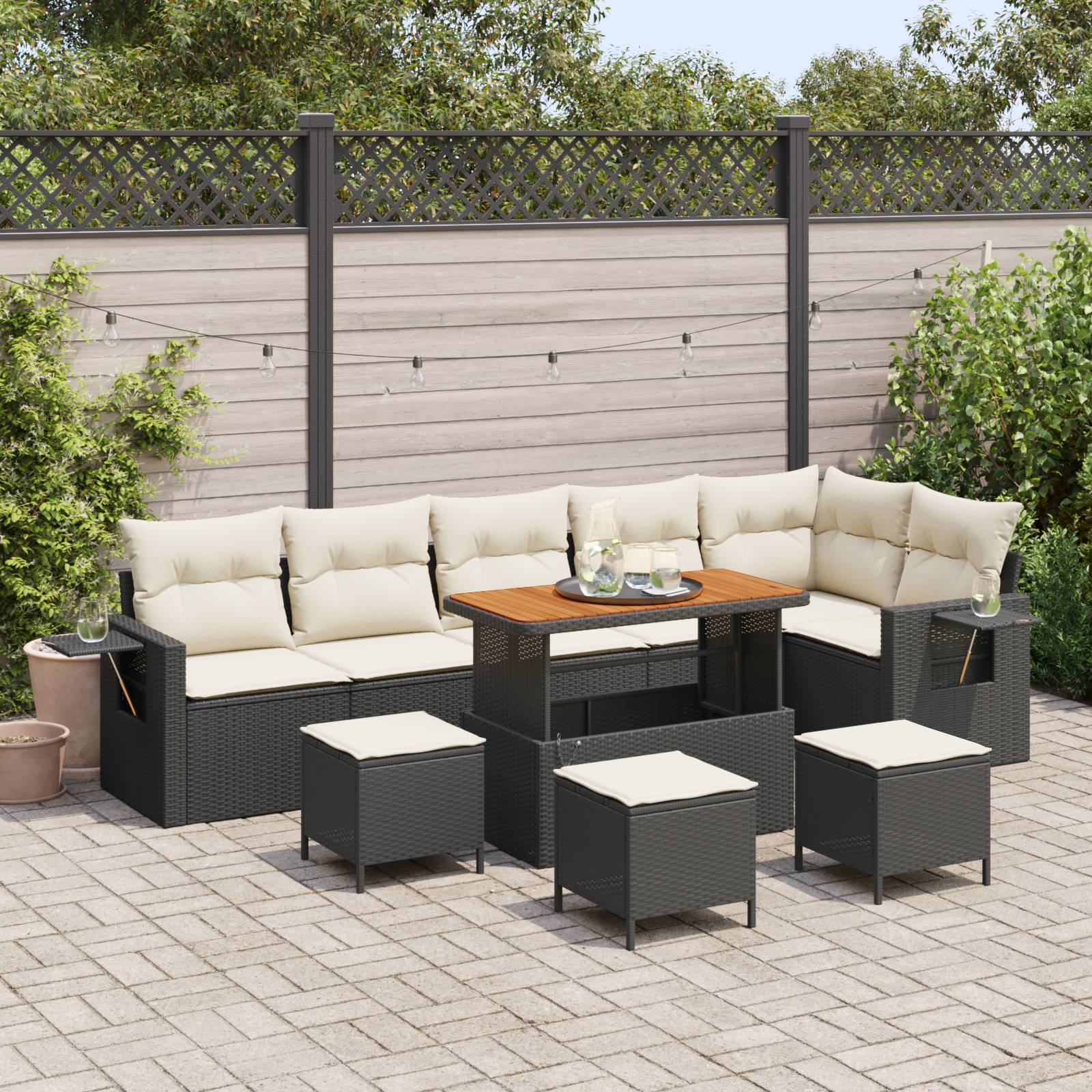 vidaXL 10-teiliges Garten-Sofa-Set mit Kissen Schwarz Poly-Rattan Akazie