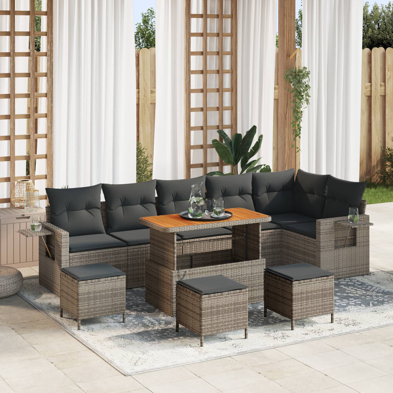 vidaXL 10-teiliges Garten Sofa Set mit Kissen Grau Poly Rattan Akazie