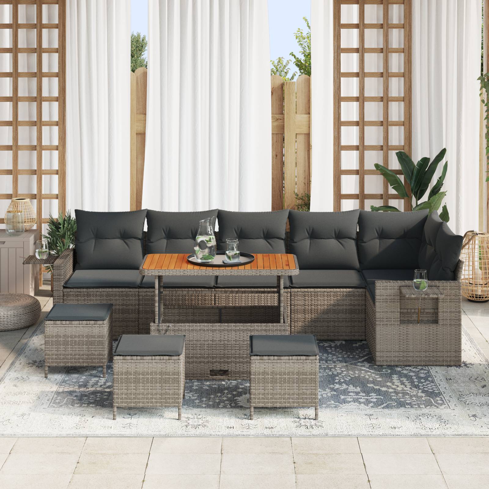 vidaXL 10-teiliges Garten Sofa Set mit Kissen Grau Poly Rattan Akazie