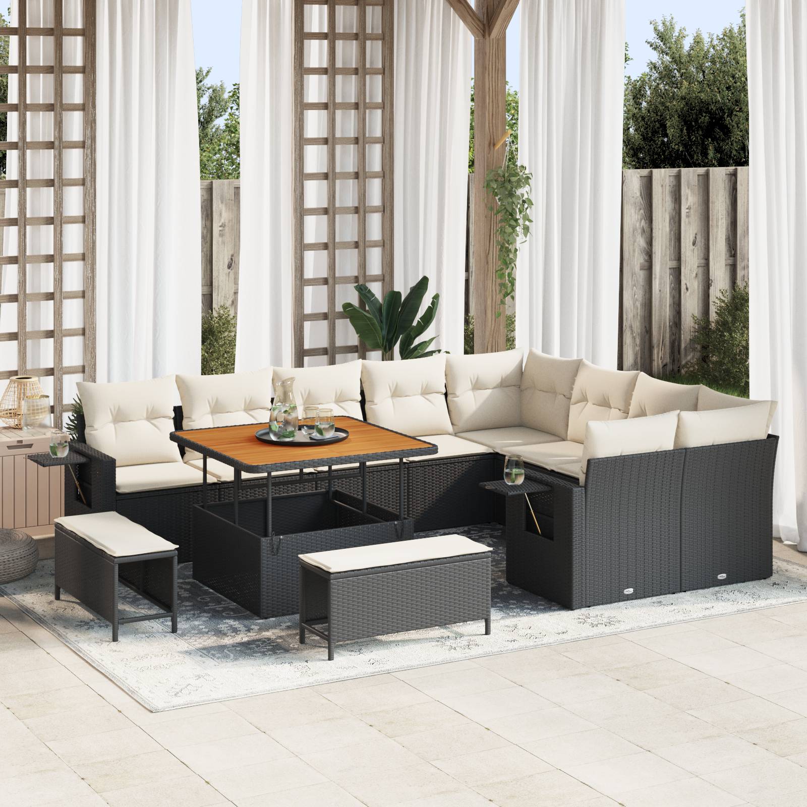 vidaXL 12-teiliges Garten-Sofa-Set mit Kissen Schwarz Poly-Rattan Akazie