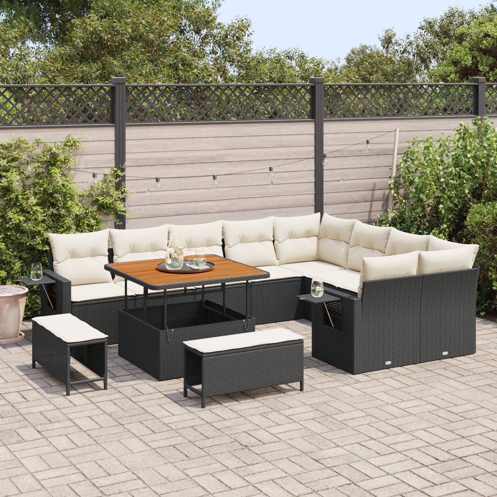 vidaXL 12-teiliges Garten-Sofa-Set mit Kissen Schwarz Poly-Rattan Akazie