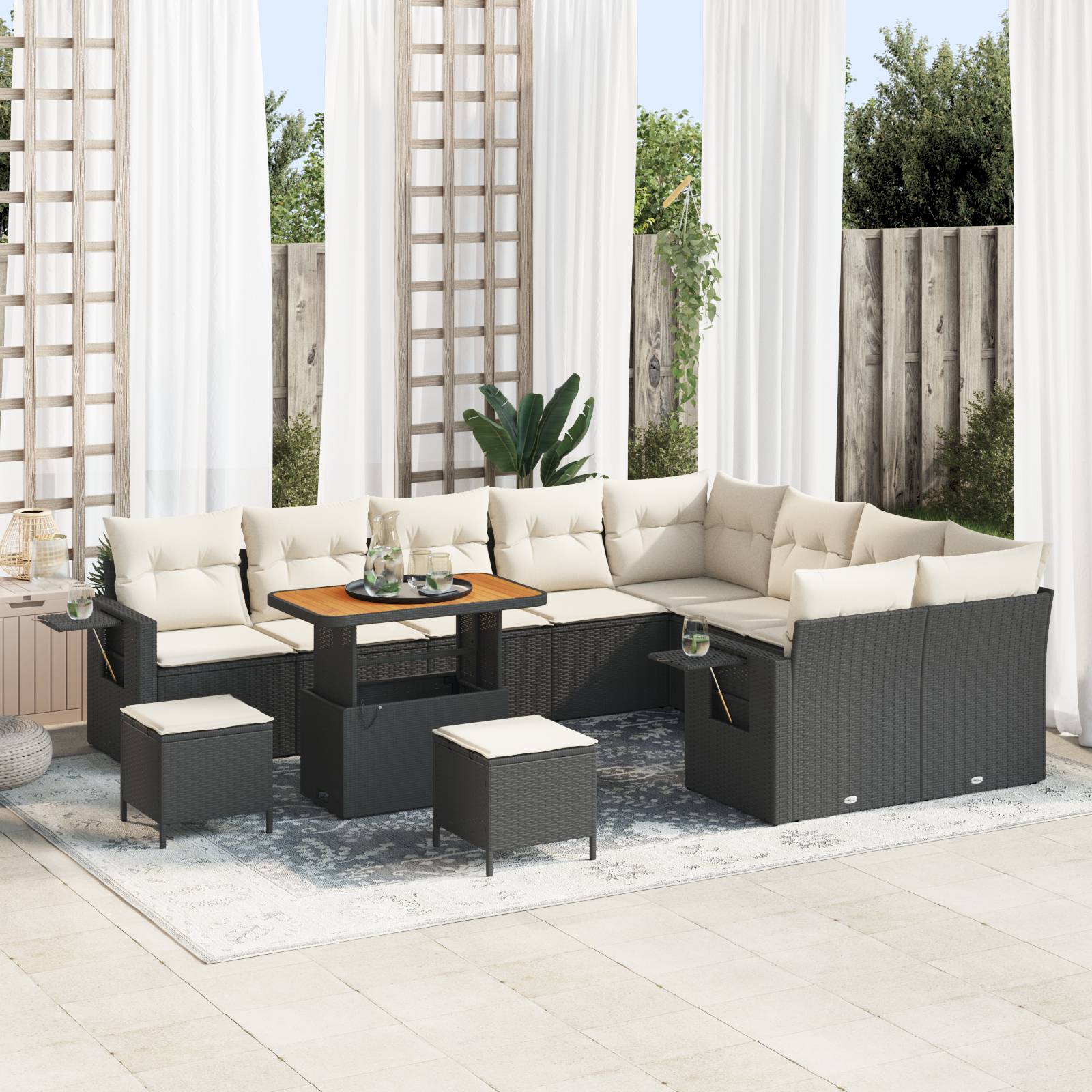 vidaXL 12-teiliges Garten-Sofa-Set mit Kissen Schwarz Poly-Rattan Akazie