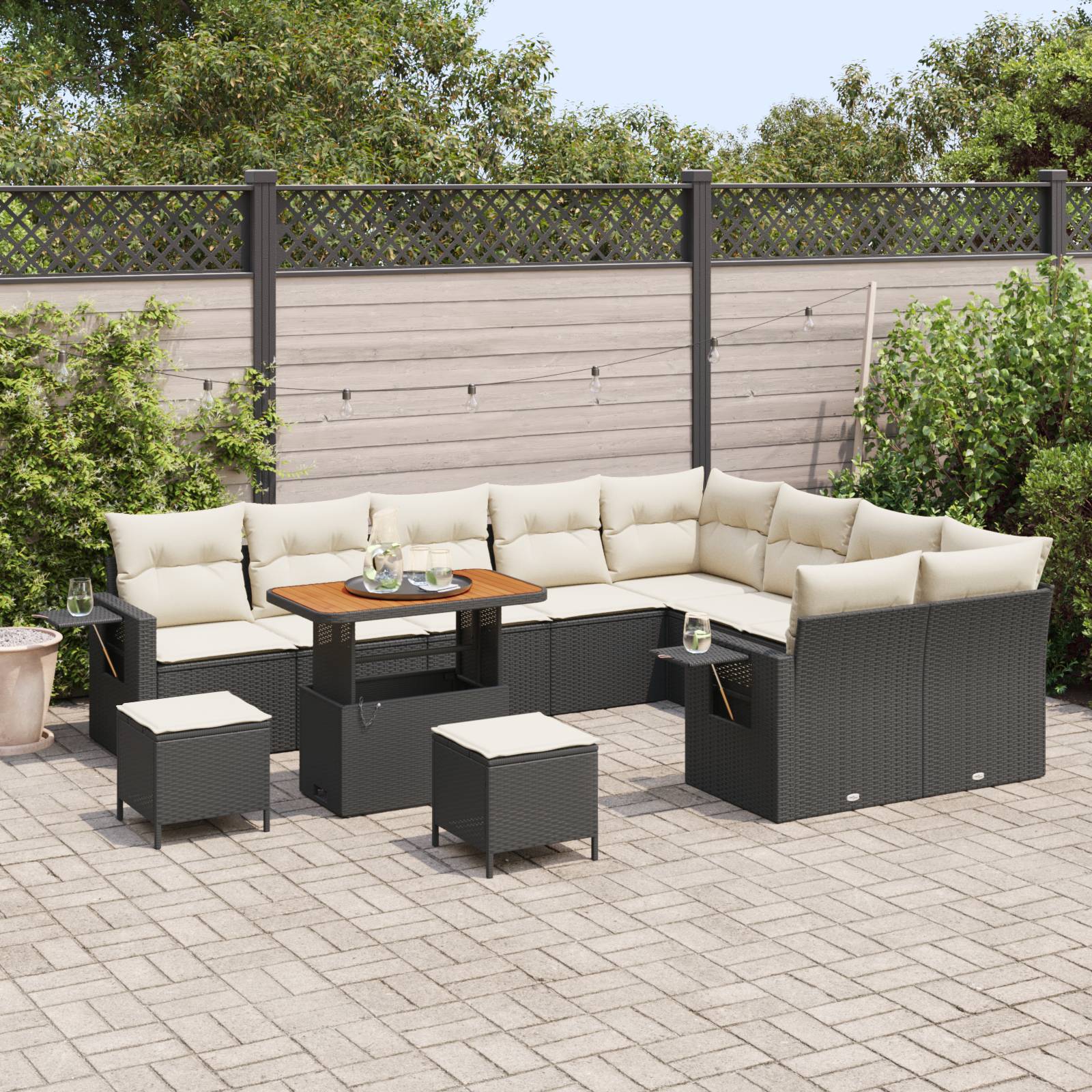vidaXL 12-teiliges Garten-Sofa-Set mit Kissen Schwarz Poly-Rattan Akazie