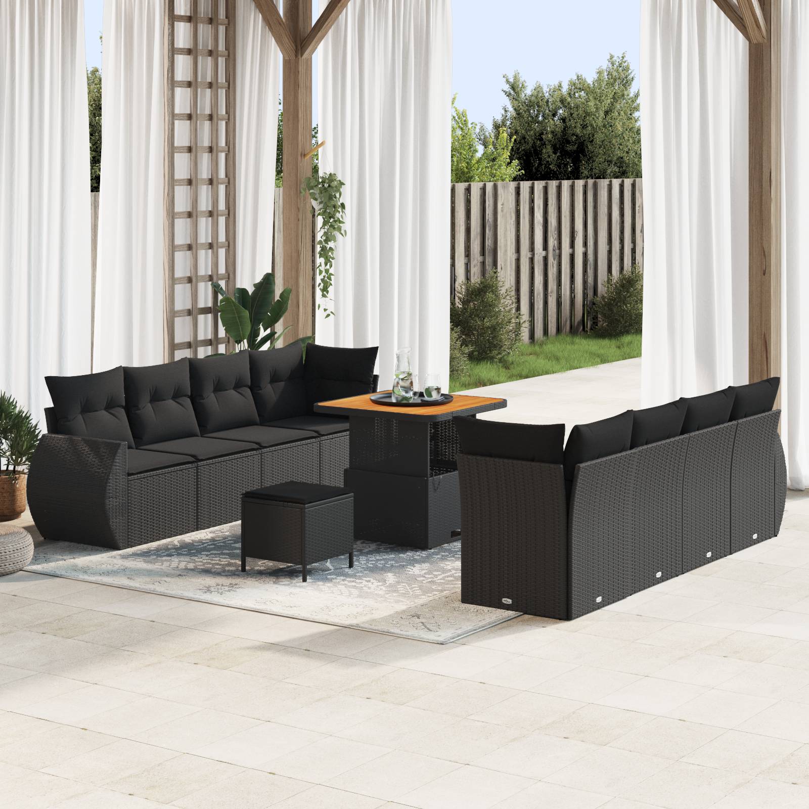 vidaXL 11-teiliges Garten Sofa Set mit Kissen Schwarz Poly Rattan Akazie