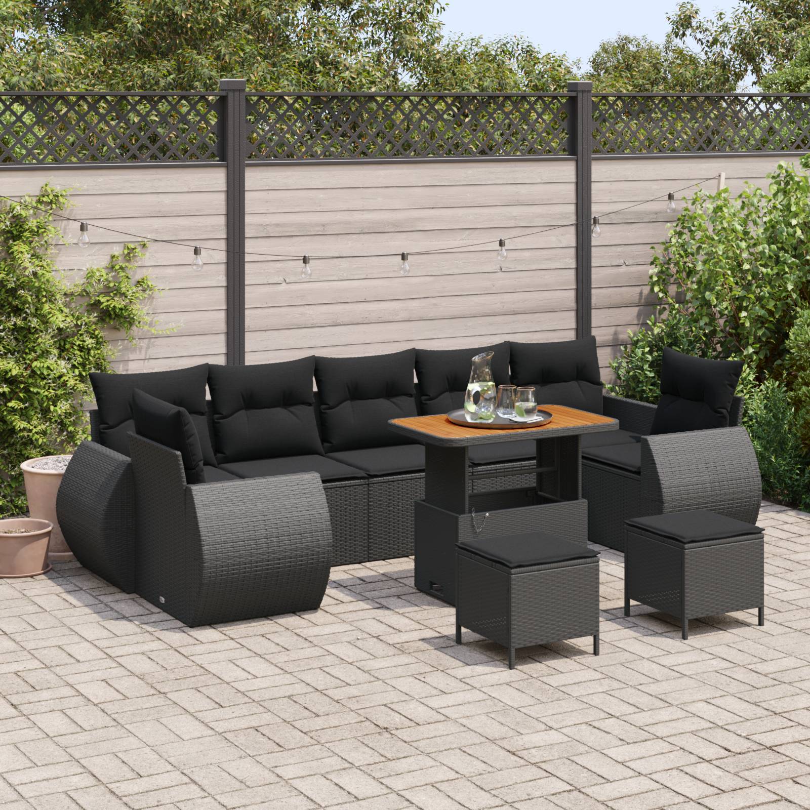 vidaXL 10 teiliges Garten Sofa Set mit Kissen Schwarz Poly Rattan Akazie
