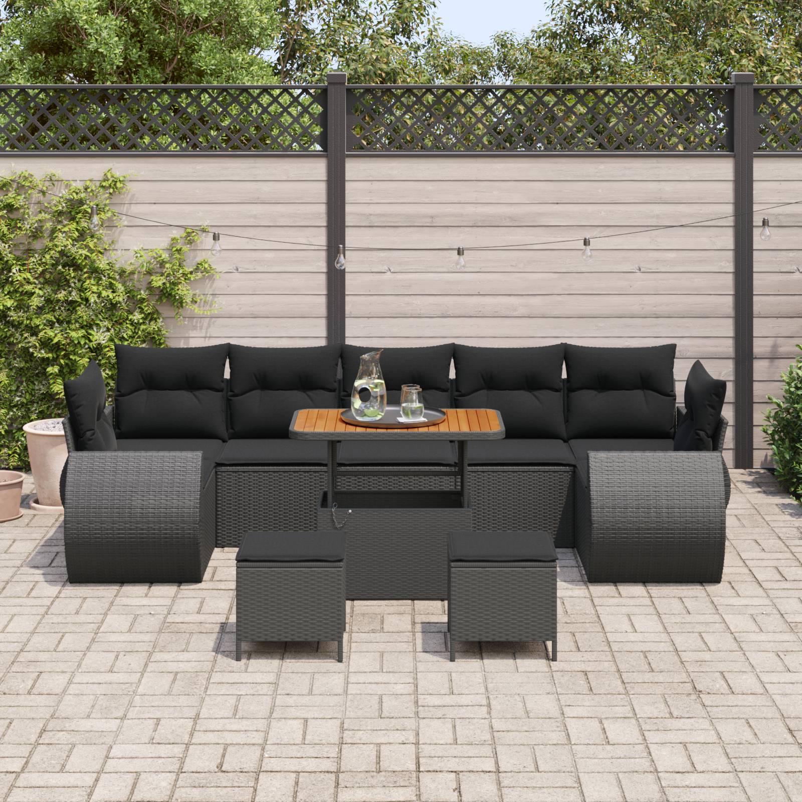 vidaXL 10 teiliges Garten Sofa Set mit Kissen Schwarz Poly Rattan Akazie
