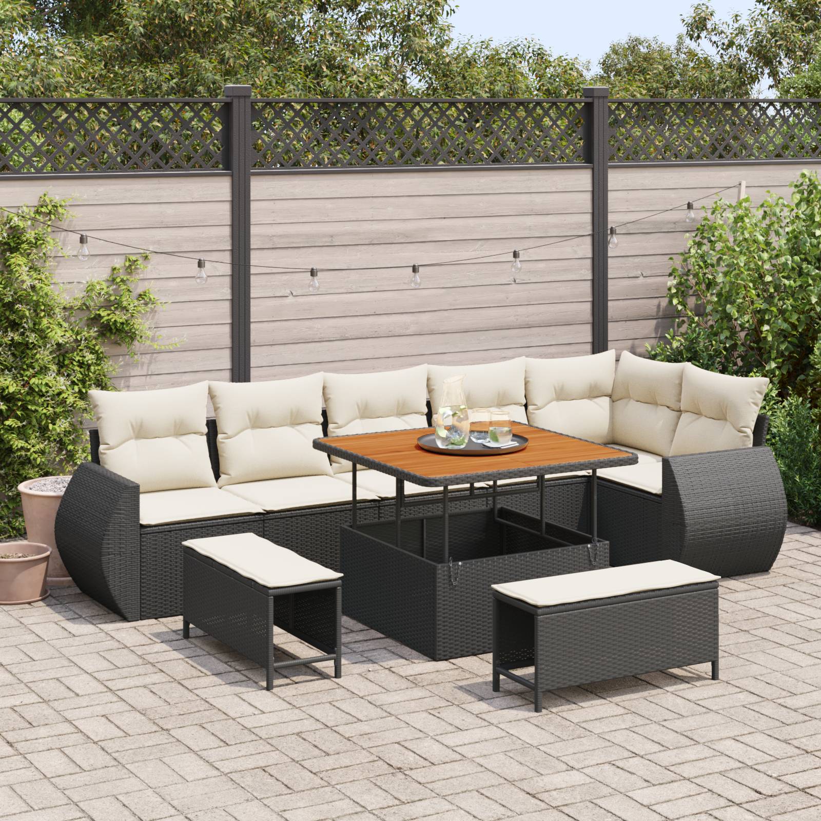 vidaXL 9-teiliges Garten-Sofa-Set mit Kissen, Schwarzes Poly-Rattan, Akazie