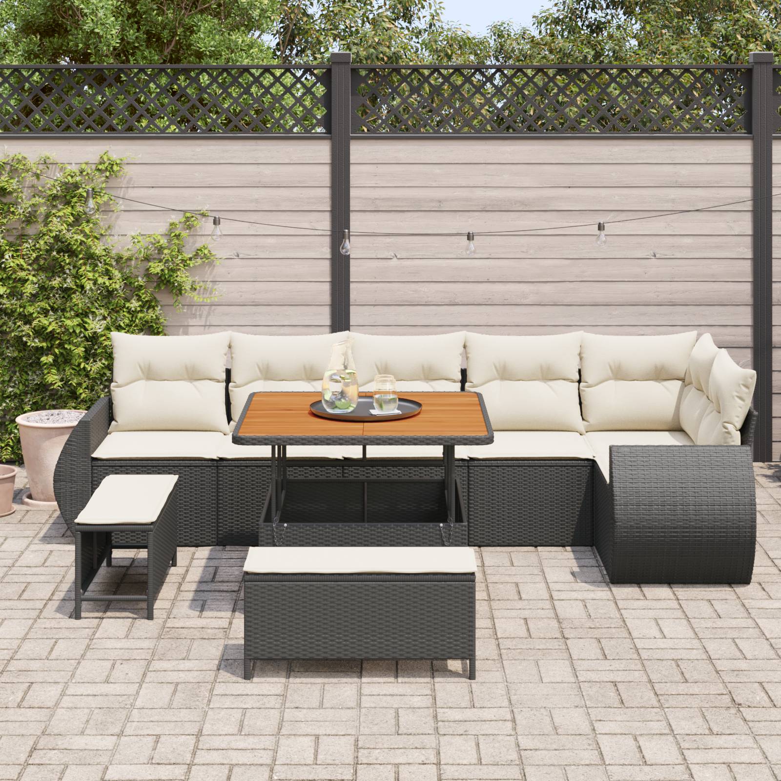 vidaXL 9-teiliges Garten-Sofa-Set mit Kissen, Schwarzes Poly-Rattan, Akazie