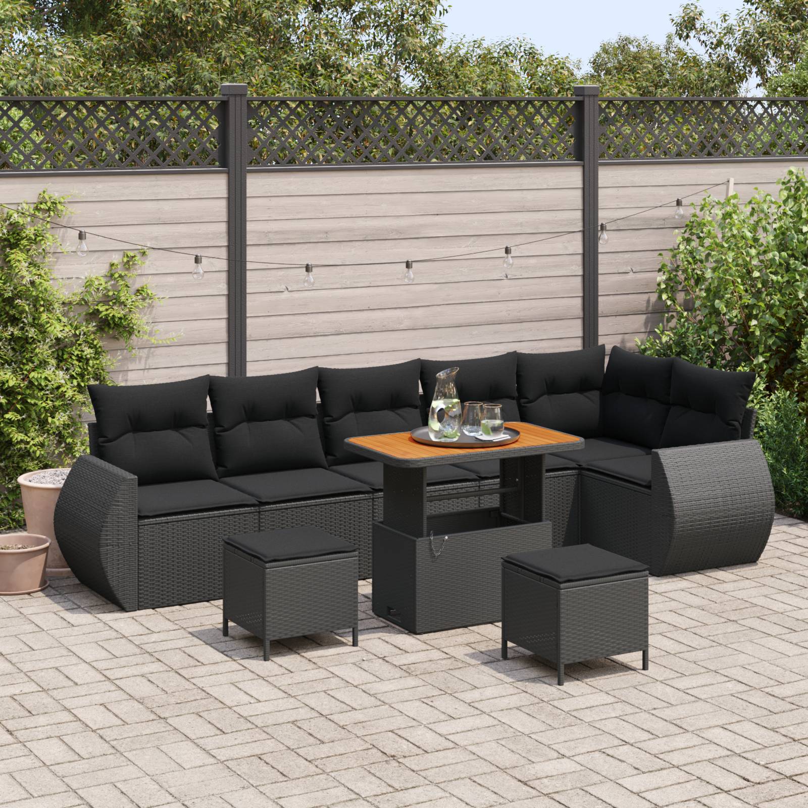 vidaXL 9-teiliges Garten-Sofa-Set mit Kissen Schwarz Poly Rattan Akazie