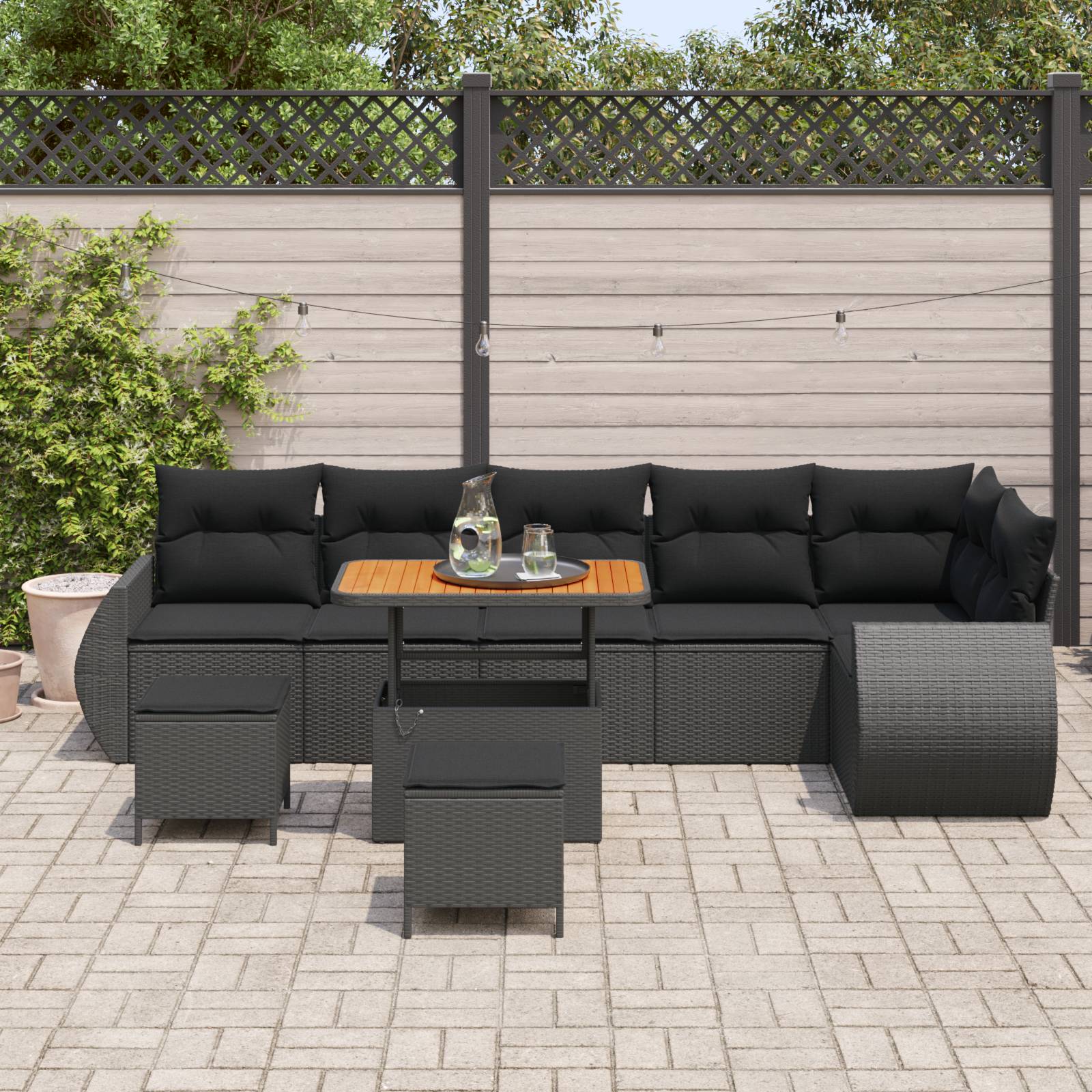vidaXL 9-teiliges Garten-Sofa-Set mit Kissen Schwarz Poly Rattan Akazie