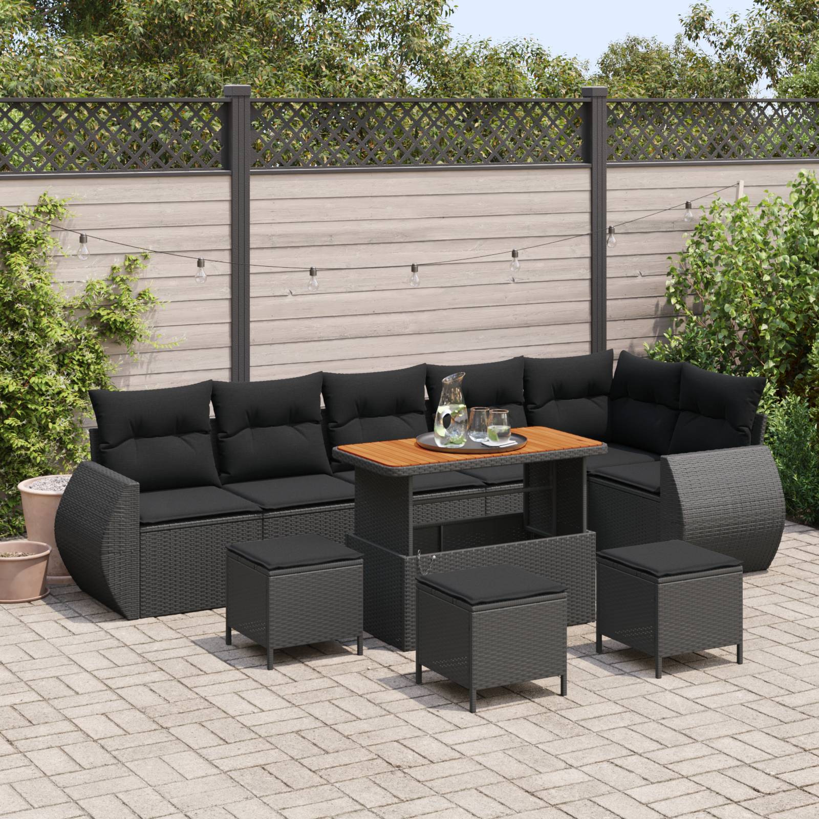 vidaXL 10-teiliges Garten Sofa Set mit Kissen Schwarz Poly Rattan Akazie