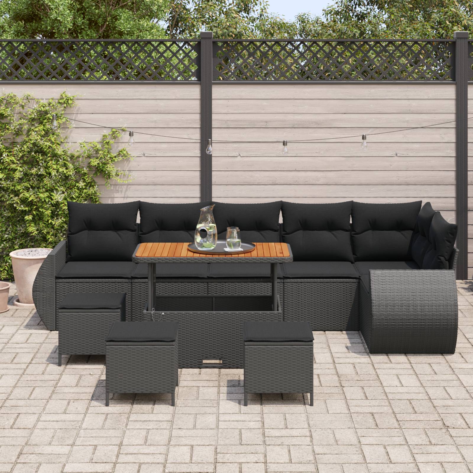 vidaXL 10-teiliges Garten Sofa Set mit Kissen Schwarz Poly Rattan Akazie